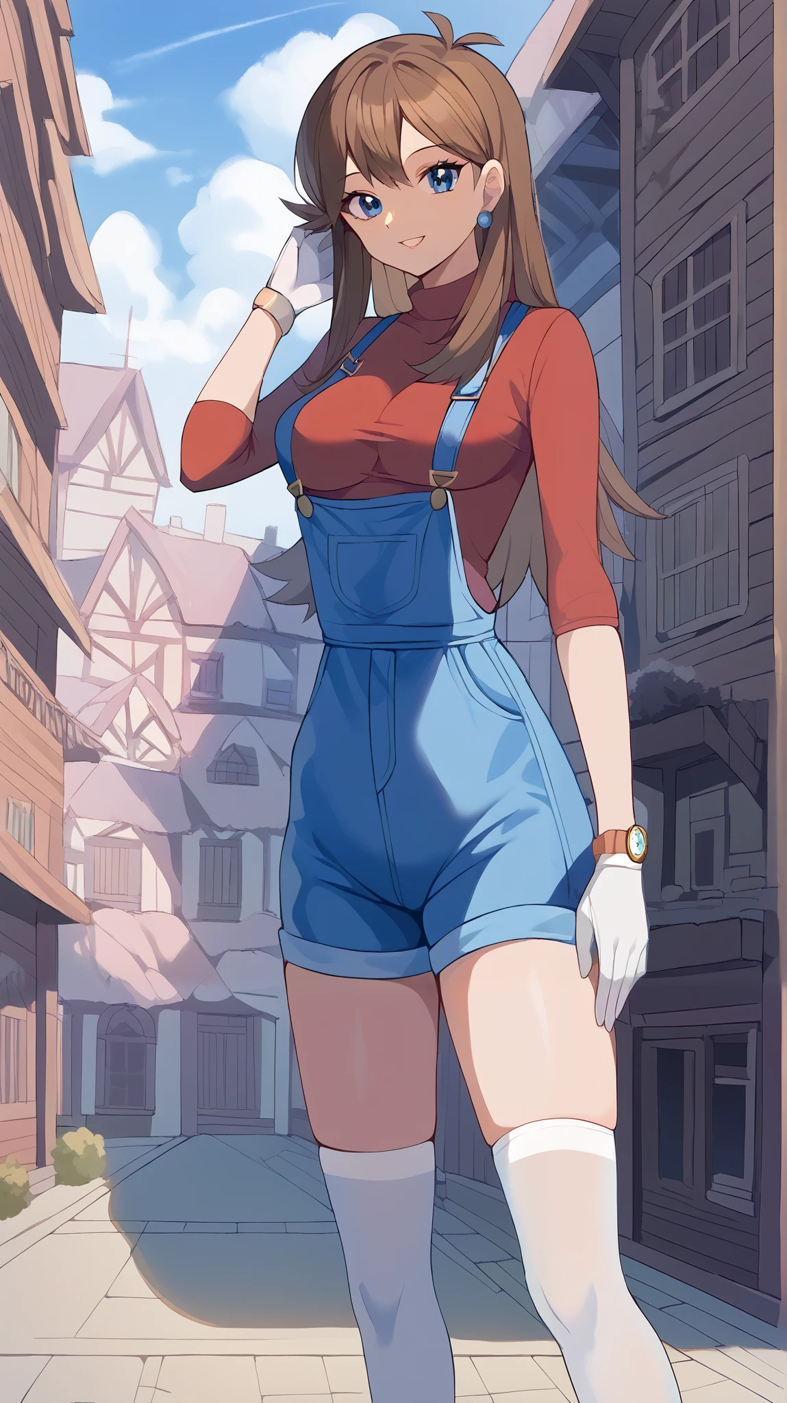 bare hands, no gloves ,Orange brown hair,  long hair,  blue eyes, red long sleeve shirt , blue shorts overalls, white knee-high stockings reflective on glass floors,  absolute domain, Ample breasts,  Tall,  watch viewers, 1 Female, Age 18,  standing, Three idiot hairs , whole body, Place one hand on hip,  slim figure,  sexy smile,  Seductive Smile , Orange shoes,  with bangs,  score_9,  score_8_Excellent,  score_7_Excellent,  score_6_Excellent,  top quality,  source_Anime,  cell shading ,  flat color, vector,  detailed background, town, building,  break 1 girl , Alone, (\ Pokemon\), Outdoor,
