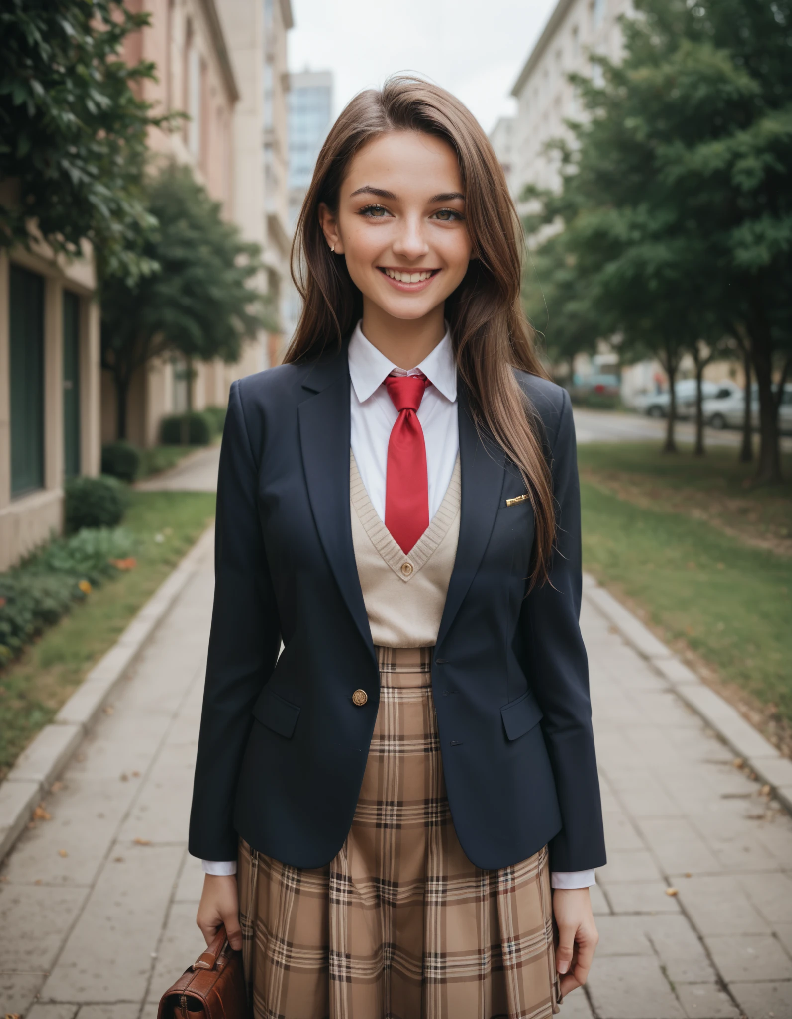 (masterpiece, best quality:1.0), highly detailed, detail, 1girl , high, long hair, brown hair, UNiform, red necktie, collared shirt, sweater vest, blazer, black blazer, opened jacket, long sleeves, plaid skirt, brown skirt, outdoor, smile, standing, cowboy shot