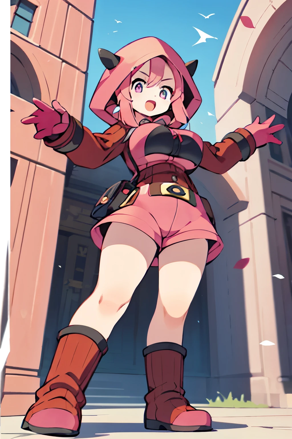 (1girl in:1.2), (Solo:1.2) 、nffsw、Shaders、Brilliant Textured Work、Ultra-detailed eyes、ultra-intricate pupil in eyes、top-quality、Full body standing picture、pkmntmg 、(fake horns, hoodie, red shorts, gloves, red boots) 、long hair, (pink hair:1.5), sadistic smile、 from below, open mouth, huge breasts, put your hands up,