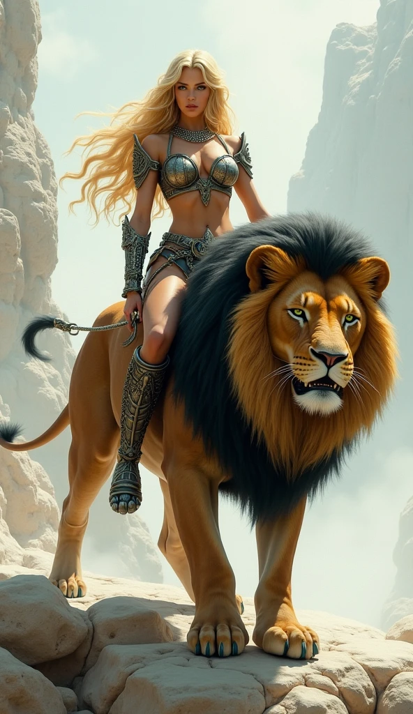 Zara, a powerful female warrior, rides atop an exotic beast in a fantasy setting. She has long straight white hair, green eyes, and a muscular body. She wears a black top with copper trim, a black pelvic curtain that occasionally catches the breeze, black shoulder pads with copper trim, fur-trimmed boots, and copper bracers with gemstones embedded in her armor. Her (arms, legs and midriff are bare), (bare midriff:1.2), and she sits confidently on the back of a massive, mythical creature—part lion, part dragon, with scales shimmering in iridescent hues and a pair of mighty wings folded at its sides. The creature has a long, sinuous tail, and sharp, intelligent eyes that reflect Zara’s own strength and determination. The landscape around them is mystical and exotic, with a multicolored sky and towering, otherworldly flora. Zara and the beast are ready for whatever challenges lie ahead, creating a scene of dynamic movement and powerful energy. The image is highly detailed, with ultra-realistic textures, exaggerated poses, and vibrant colors, inspired by the classic fantasy painting style of the 20th century.


