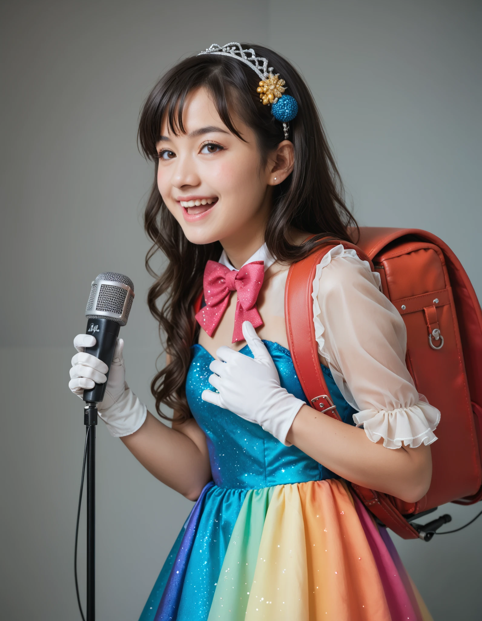 Masterpiece, hd, best quality, realistic, 1girl, soro, long hair, brown eyes, black hair, hairband, bangs, microphone,white gloves, solo, open mouth, smile, singing, dress, bowtie, hair ornaments, frilled dress, idol dress, colorful dress, sparkling dress, music, stage, blush, idol, looking at viewer, wearing randoseru backpack, red backpack 