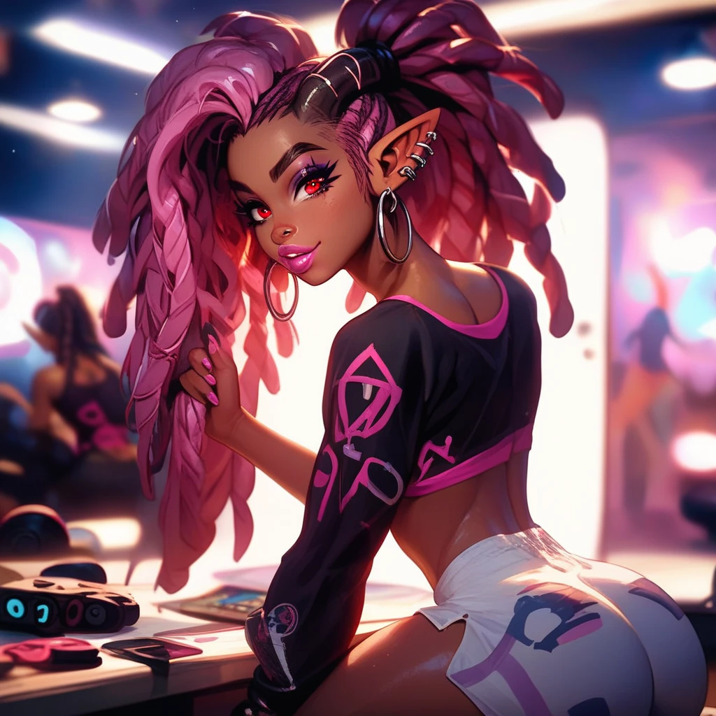 Best quality, highly detailed, ultra detailed, 1 brown skin boy, flat chest, male chest, slim curvy body, long pink dreadlocks, pink eyes, vampire, pointy ears, sharp nails, black lipgloss, goth, black crop top, black shorts, fishnets, big butt, sitting in chair, showing butt to audience, gaming setup, with male bodyguards