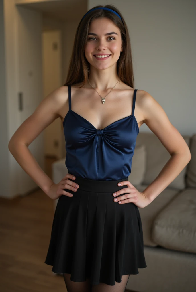 Sexy Jennifer Lawrence, sitting on bar stool, crossed legs, high heels, wearing glasses, athletic figure, swooping breasts, navy blue strappy silk dress, off shoulder, bare midriff, arms raised behind heas, sexy armpits, arched back, long sexy legs, thick thighs, gray red hair, drinking martini, dynamic pose, full shot, intricate details, ultra realistic