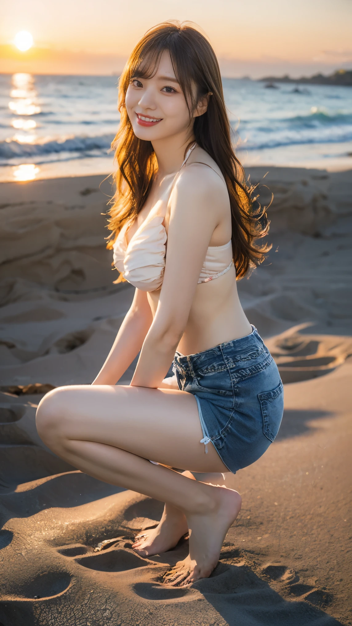 High Resolution Japanese Actress Pictures, ( realistic , photo- realistic :1.2), ( top quality, masterpiece), RAW photos , intricate details, Extremely Detailed, very detailed, very detailed, sharp concentration, (full body, shot from the front:1.4), 甜of, Alone, 1 girl , shiny brown hair, dark brown medium hair, beautiful brown eyes、smile、 Sparkling Eyes , (fine grain)、 Very Pretty Eyes 、 very detailed顔, very detailed目, cowboy shooting、 ( Masterpiece ),( top quality:1.3),8k,Very clear,( super real ), one girl, beautiful legs,light makeup, ( Masterpiece 、 top quality、 very detailed)、 ((Waistline、 middle of chest、 slender girl))、 ((aqua blue bikini top 、 denim hotpants )), Rosy Cheeks,(( sunset beach))