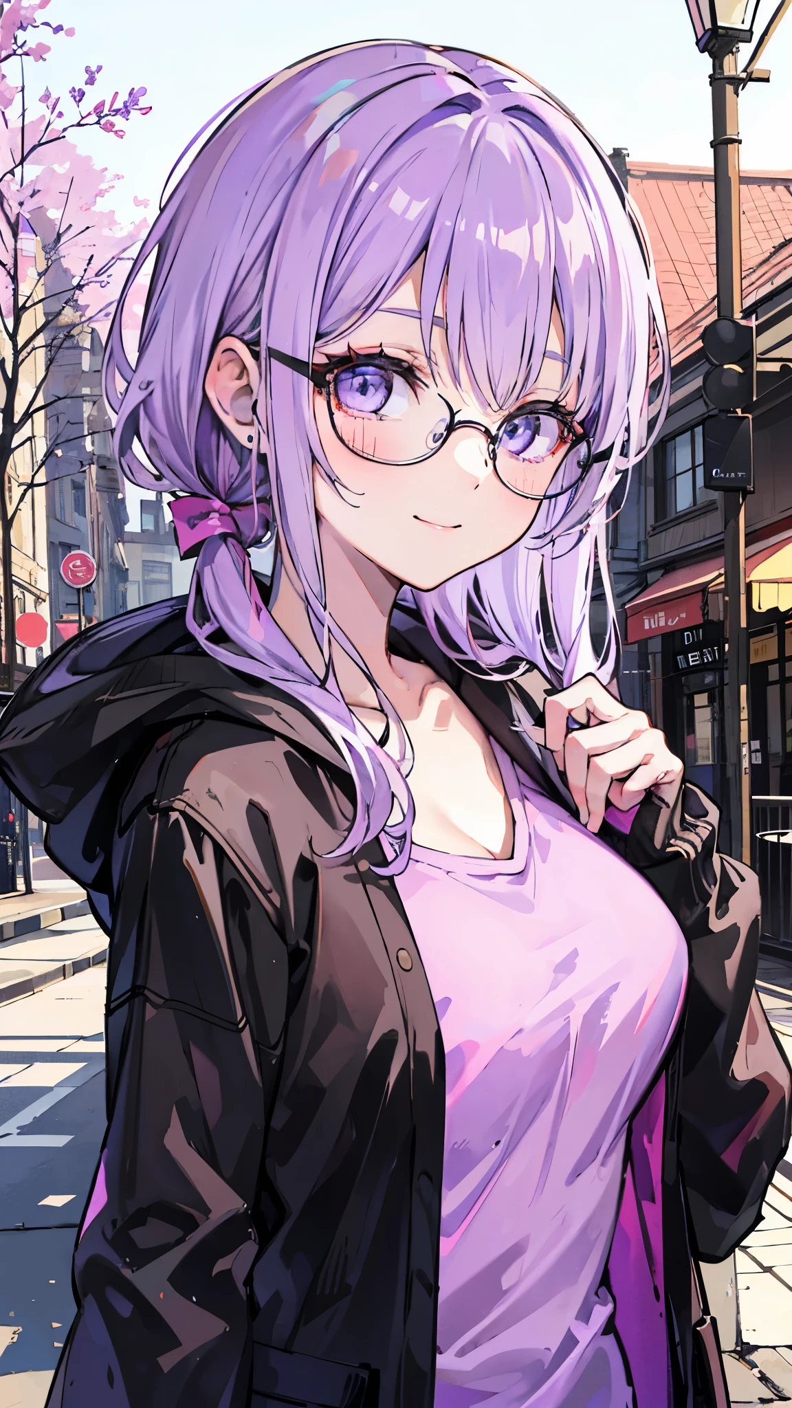 20-year-old woman、 lavender-colored hair 、Purple Eyes、 big smile 、Wearing black-rimmed glasses、 brown jacket、pink blouse shirt、 upper body、Under winter street trees 、 town square background