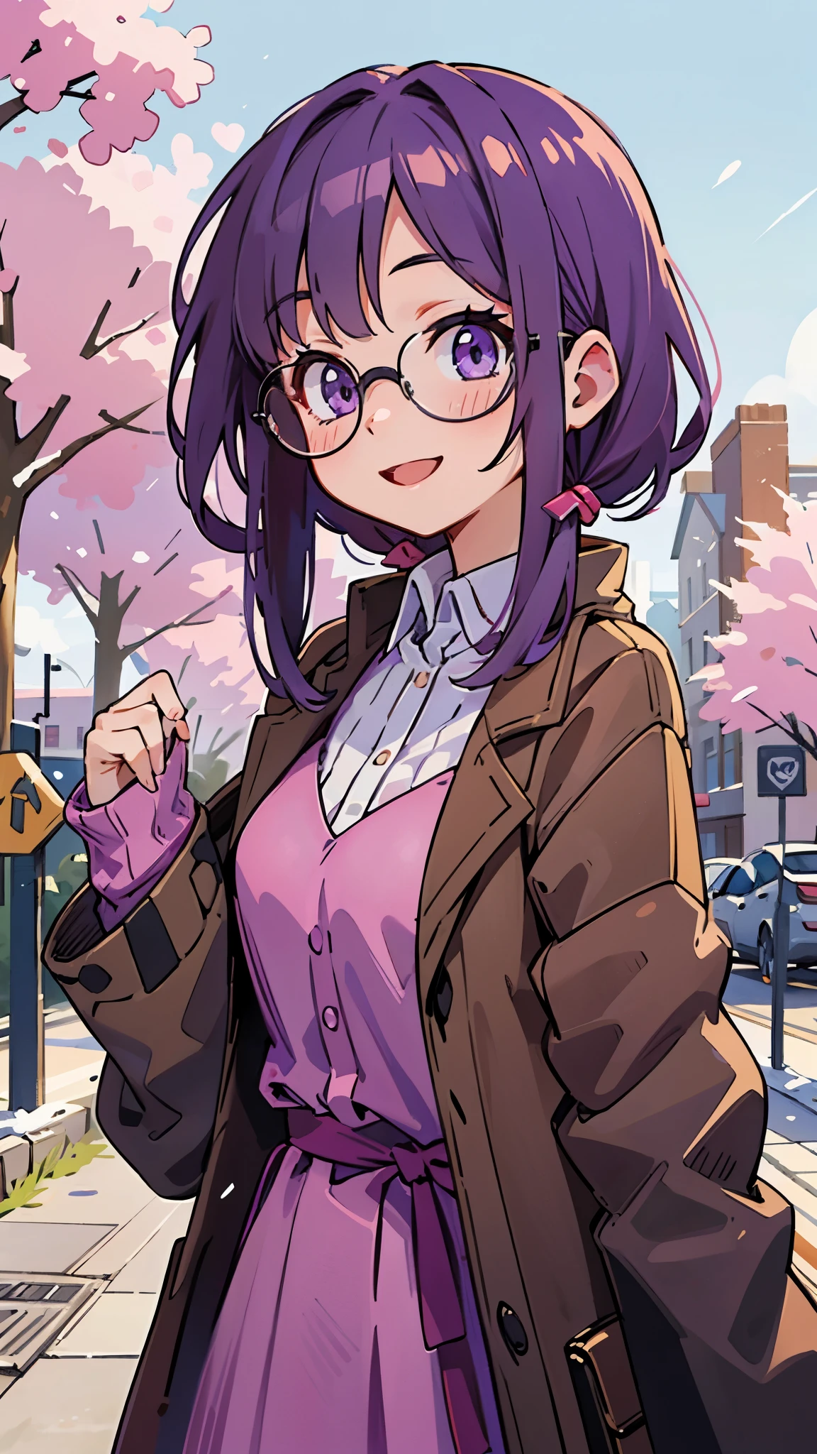 20-year-old woman、 lavender-colored hair 、Purple Eyes、 big smile 、Wearing black-rimmed glasses、 brown jacket、pink blouse shirt、 upper body、Under winter street trees 、 town square background