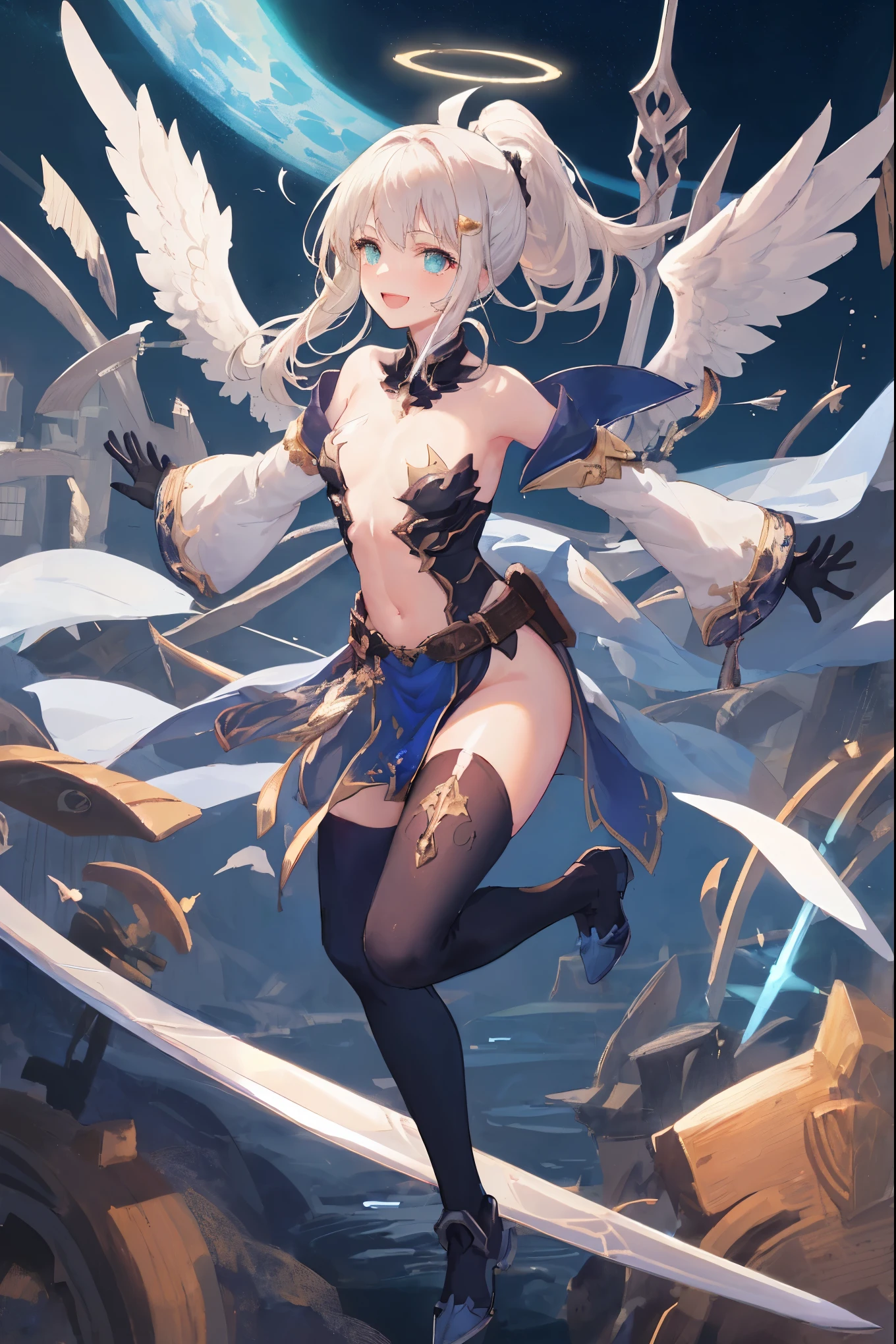 masterpiece, best quality, integrated scenery, integrated background, extremely delicate and beautiful, meticulous details, good composition, , cute face, perfect face, perfect hands  fantasy, 1angel_girl, low_teen,shiny_blond_hair,ponytail,long_bangs, (fair_skin), bare_shoulder, thighhighs,silver_shiny_armor, (bare_flank:1.3),(bare_side_chest:1.3),sidelock_tabart, Glebe, grab_swords_emits_light, medium_breasts, dynamic_flying_pose,Floating, (1pair_white_wings:1.2),(pelvic_curtain:1.3), silver_Headgear ,looking_down_at_night_city_sky_background,,slightly_spread_legs, some_swords_emits_light,some_swords_emits_light_floating_around_the_girl,solo,glare_halo,laugh ,smile,open_mouth,open_legs,open_arms,rise_knee,rise_leg,rise_thigh,rise_leg,forward_leaning_posture,apart_legs,