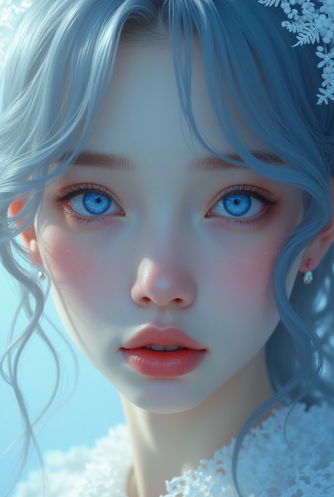 Beautiful woman face close up, Captivating look, Sharp Face, blue eyes,Red lips, A magnificent artistic appearance,Water splashes on her face, Ultra-detailed, Perfect composition