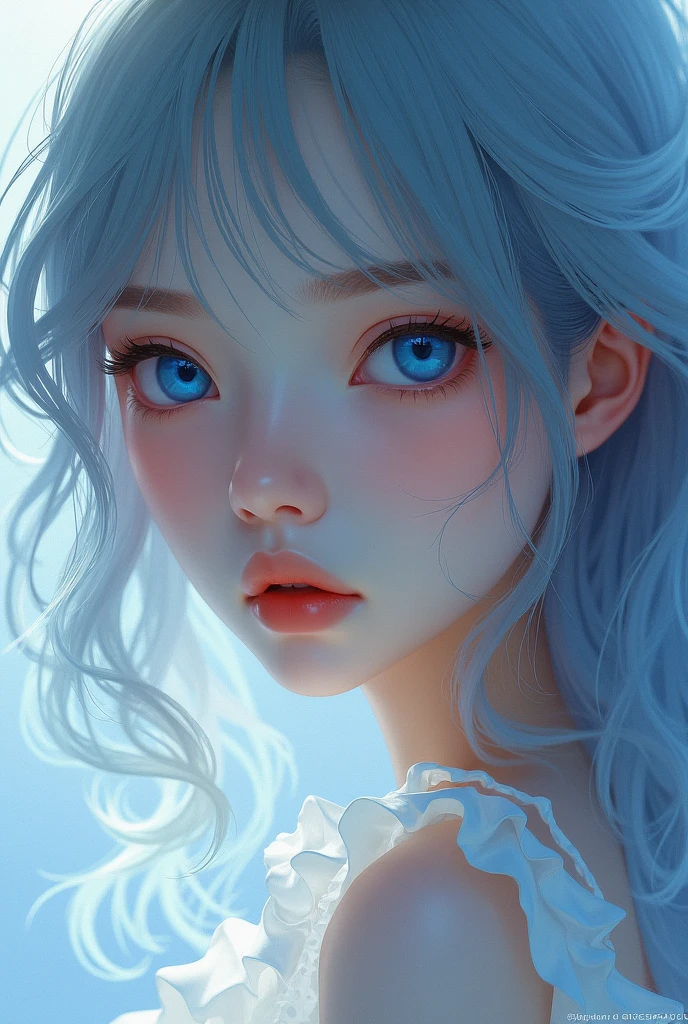 (1 cute girl), (long blue curly hair), grey eyes, wearing a beautiful baby blue lace dress. White skin, splat art background, eye_detail, background_detail, face_detail, hair_detail, more_detail, add_detail, add detailed, cute_face,