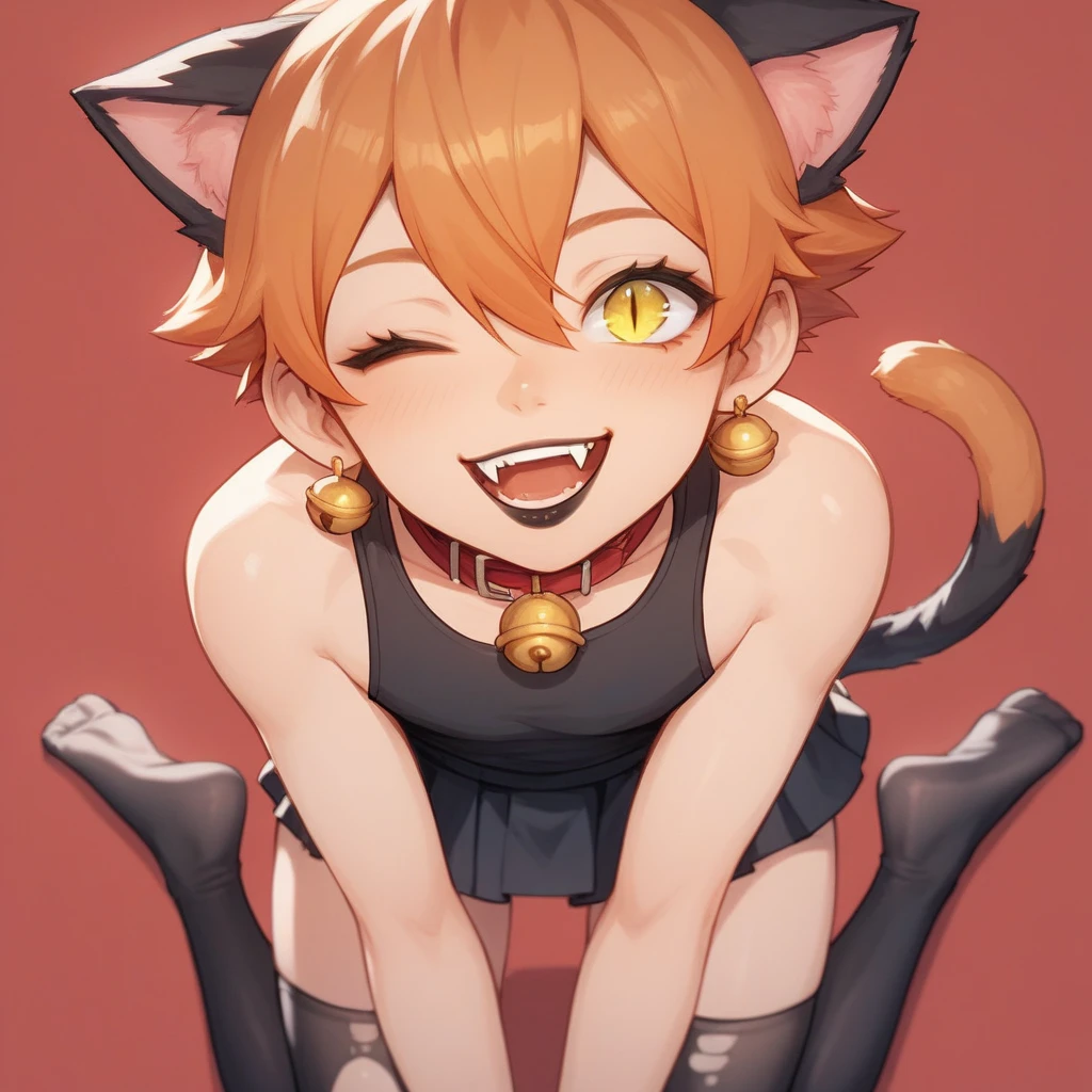 A young man, femboy, thin and delicate body, short hair, hair between eyes, ginger hair, skirt, black tank top, lgbt, black mini skirt, ripped black thigh highs, black lipstick, on knees, looking up, smile, smile with fangs, flirtatious, orange cat ears, cat ears with earrings, long orange cat tail, tan skin, no human ears, cat ears only, little nose, plain background, red background, Animal Ears, Cat Ears, Smile, Yellow Eyes, Fang, Makeup, Fangs, Slit Pupils, Simple background, bell collar, red collar, cute, innocent, no bulge, smooth crotch, sly look, slime on face, white slime, one eye open one eye closed, head tilt, sticky lips, surprised, Anime, Anime Style