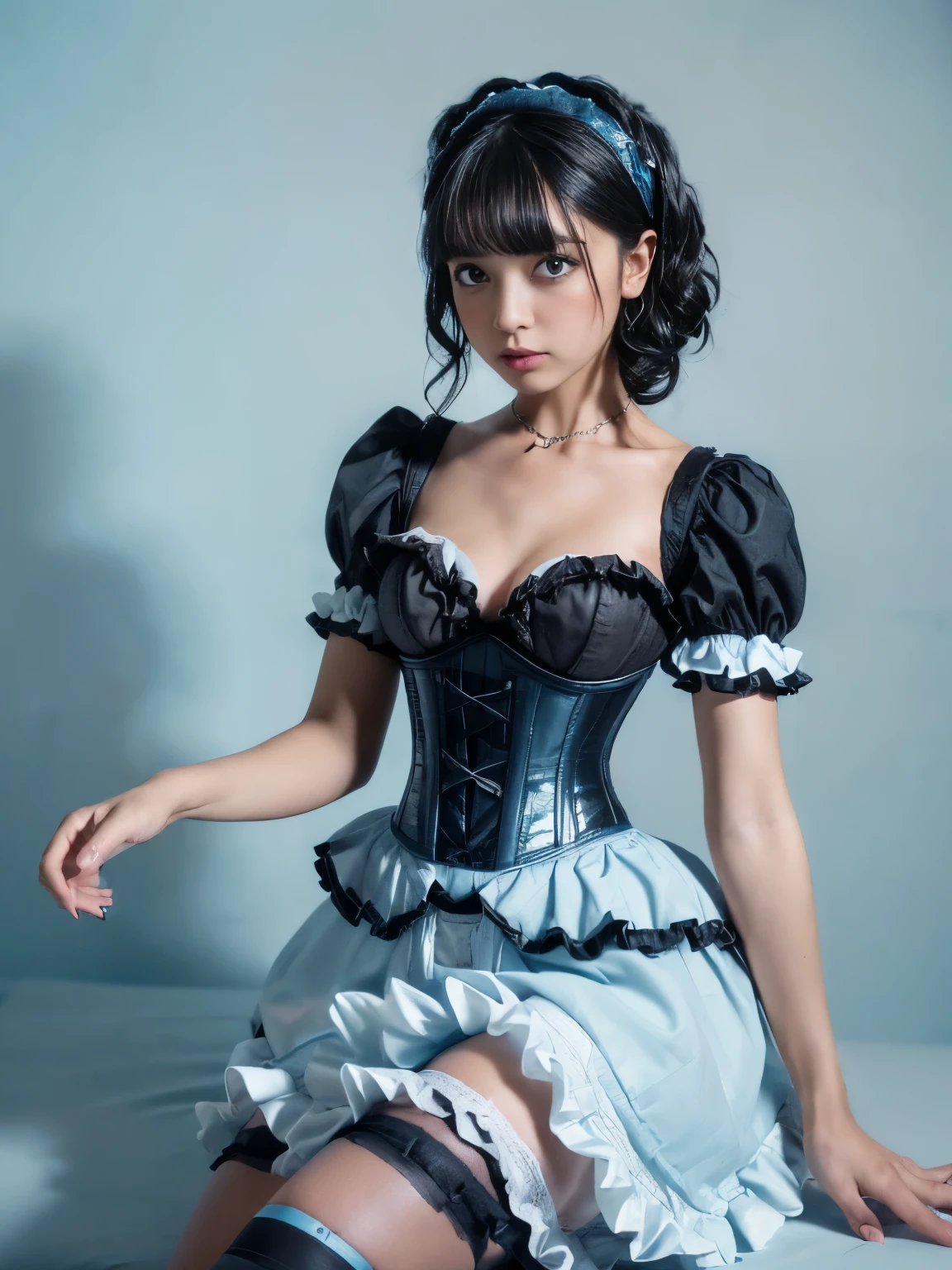 ((Best quality, 8k, masterpiece: 1.3,  RAW photos )),  sharp concentration: 1.2, (1. Espagirl :1.1), Alone, ( realistic ,  Photorealistic: 1.37), ( face focus: 1.1),  cute face,  hyper-detailed face taken from below,  black hair short tousled hair ,  small breasts,  flat chested, thigh,  nudes, (Light blue and black theme:1.3), (( Gothic ta That Makes You Cleavage,  black wedding dress ):1.2), (( black corset,  light blue mini bust cup):1.4), (Short puff sleeves:1.3), (( White Collar , ):1.3), (( frill skirt,  Layered Skirt ):1.4), (( stockings,  Garter Belts ):1.3), ( Long Grove :1.2), (head lily decoration :1.3), wind,  sitting,  widens legs