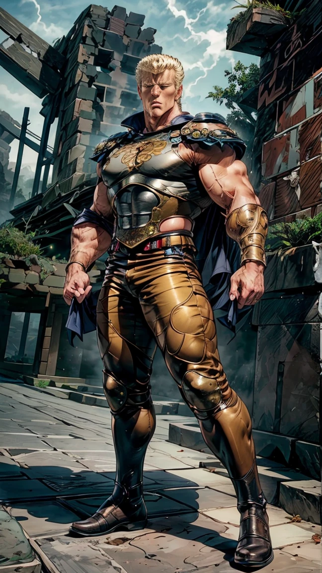 8K images、Raoh from Fist of the North Star(:1.5)、doping  、Muscular、 Leather Armor、Black leather pants 、pocket、 red cloak、 boots、The face of hatred 、 stare at me with eyes wide open、Eyes with dark eyes shining clearly 、  bodybuilder physique  、Ruins、 black background、 stand with feet shoulder-width apart 、  intense action pose  、Show me your palm、 Full Body Discharge 、 Overflowing fighting spirit 、戦場のRuins、 wearing an aura 、Full body drawing of walking powerfully、