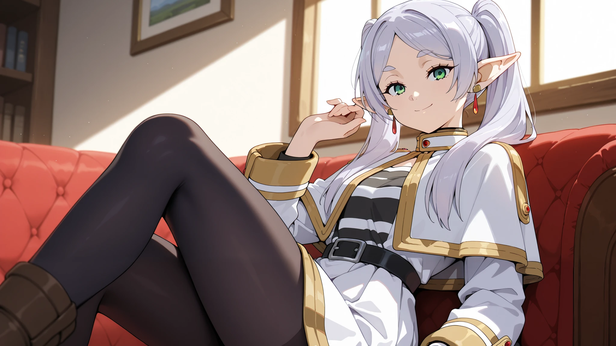 (masterpiece), best quality, absurdres, very aesthetic, nice hands, 1 girl,zzFrieren, long hair, smile,  twintails, green eyes, grey hair, pointy ears, elf, zzFrieren, long hair, twintails, green eyes, grey hair, pointy ears, elf, shirt, long sleeves, jewelry, earrings, striped, capelet, striped shirt, white skirt, black pantyhose,