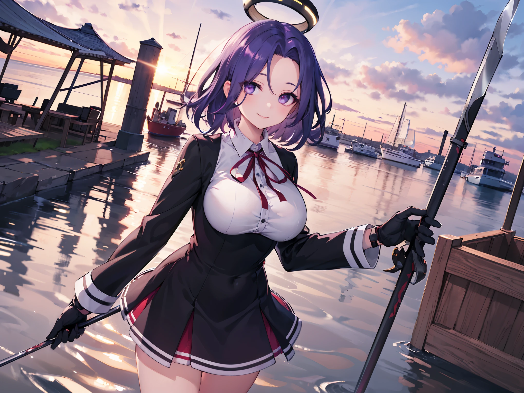 masterpiece, best quality, highres, mechanical halo, (big_breasts:1.2), black dress, neck ribbon, long sleeves, black gloves, outdoors, cowboy shot, standing, holding weapon, polearm,smile,,harbor_town_landscape,purple_halfeyes,(scornful eyes:1.4)