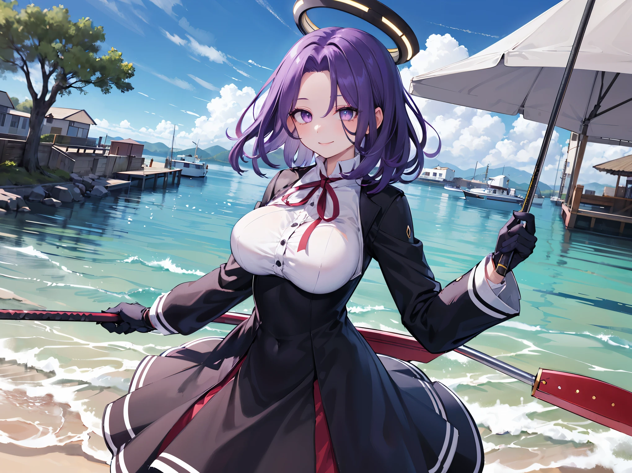 masterpiece, best quality, highres, mechanical halo, (big_breasts:1.2), black dress, neck ribbon, long sleeves, black gloves, outdoors, cowboy shot, standing, holding weapon, polearm,smile,,harbor_town_landscape,purple_halfeyes,(scornful eyes:1.4)