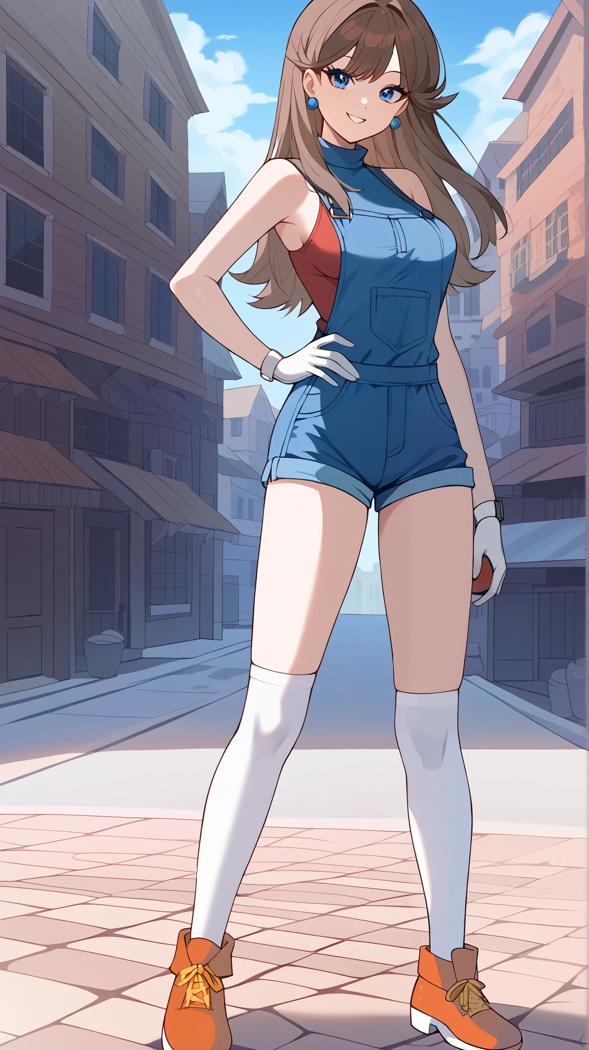 bare hands, no gloves ,Orange brown hair,  long hair,  blue eyes, red long sleeve shirt , blue shorts overalls, white knee-high stockings reflective on glass floors,  absolute domain, Ample breasts,  Tall,  watch viewers, 1 Female, Age 18,  standing, Three idiot hairs , whole body, Place one hand on hip,  slim figure,  sexy smile,  Seductive Smile , Orange shoes,  with bangs,  score_9,  score_8_Excellent,  score_7_Excellent,  score_6_Excellent,  top quality,  source_Anime,  cell shading ,  flat color, vector,  detailed background, town, building,  break 1 girl , Alone, (\ Pokemon\), Outdoor,