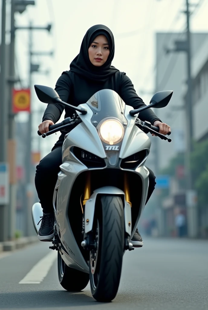beautiful 20 year old Indonesian woman wearing a hijab wearing a shiny black jacket trousers cool shoes riding a red 4 stroke Kawasaki ninja motorbike on an asphalt road with a cool background
