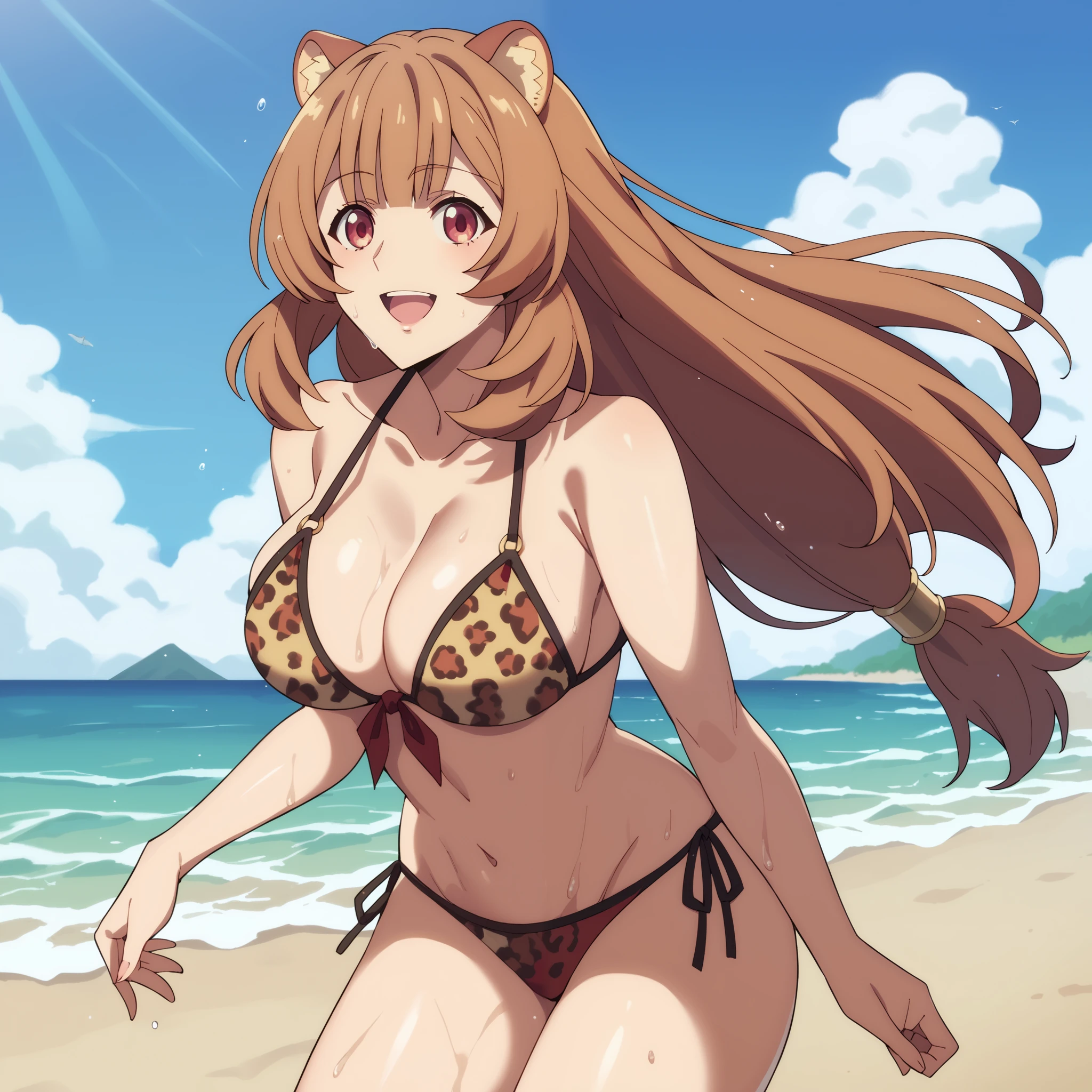 raphtalia, Peo Naranjo , red eyes, orejas de animal, smile,  big breasts, ,red bikini with leopard print.  is walking on a  beach. A Single Woman  Woman . loose hair . wet body .
