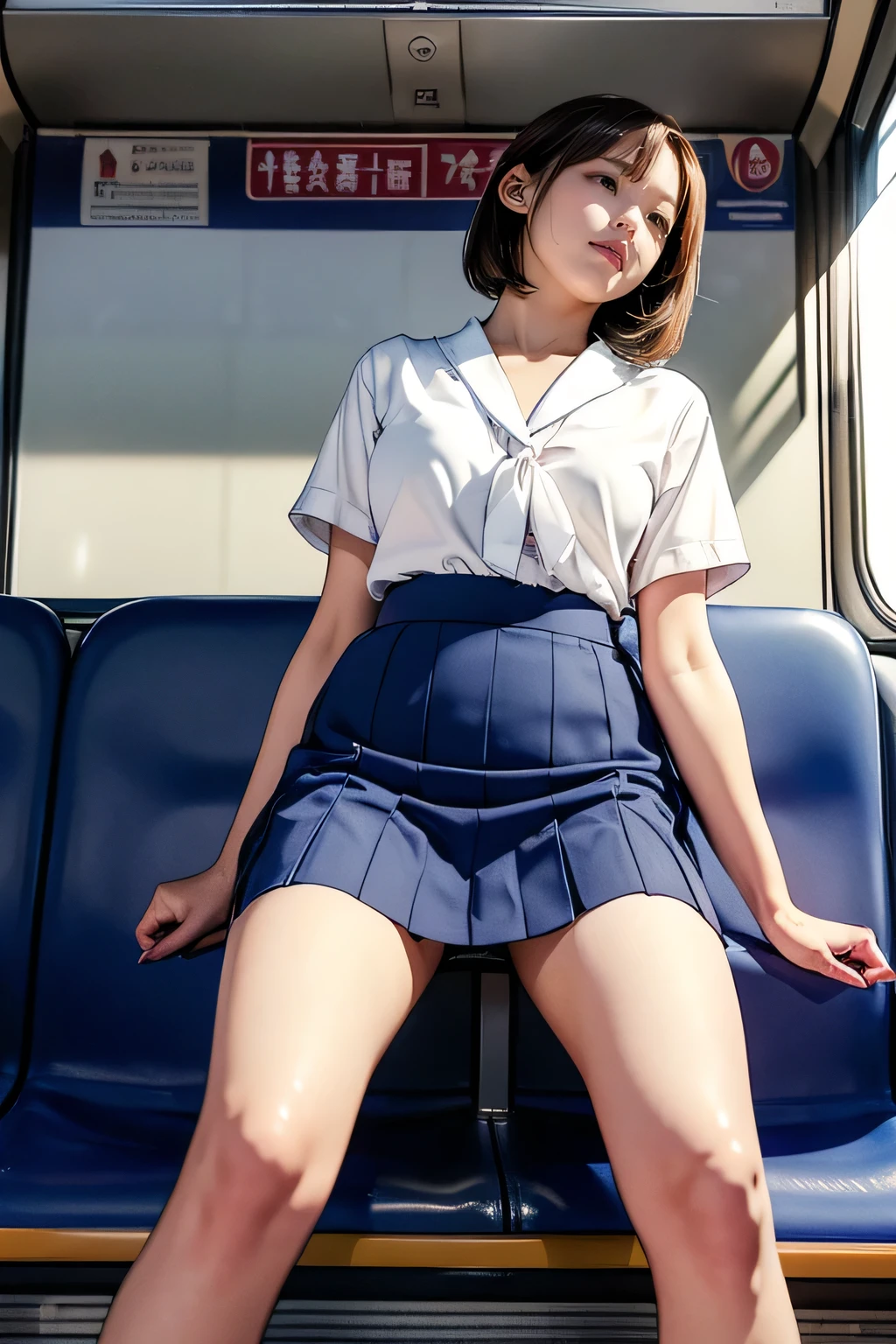 ((Highest quality)), (detailed), 1 Japan, 18 years old、Beautiful Skin、Double eyelids、school girl, in a train, sitting on a seat, (long seat:1.5), navy pleated skirt, spread legs, (exposured panties:1.4), panty pull, blush, (smile:0.8), embarrassed、realistic
