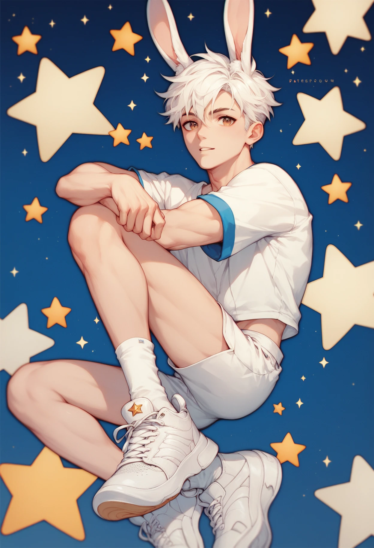White-haired Shota, starry sky , 15 years old, blue eyes, spiky hair, 1 boy, 15 years old, alone, looking at the audience, (masterpiece:1.4), (best quality:1.4), indoors, sitting, short hair, (curls:0.9), (smiley face), Sunlight, shiny skin, white and gray hair, spiky hairstyle, Wearing gym shorts made of shiny material, spread legs, white socks,