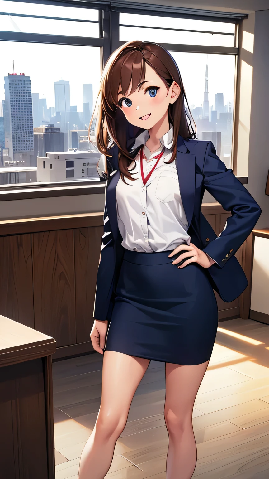 Highest quality, best quality, 1080p, 8K, masterpiece, first class, (perfect, well-formed face), straight on, (full body), one person, depicts professional people working in an office environment. One is holding a pen and posing strongly. Posed with right arm raised, palm at shoulder level, modern navy blue recruit suit jacket, navy blue skirt, small chest, (red string around neck), (employee ID card in clear plastic case), brown hair, modern desk with recruit posters and calendar, urban skyline in background, Soft natural light illuminating the room, highest resolution, recruiter's smile, serious expression and full smile shows motivation and desire for career advancement, wide open mouth smile