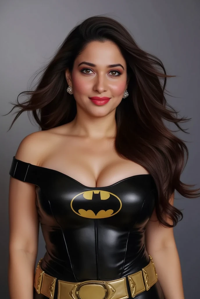 a batman costume,big boobs,tamanna bhatia,cleavage,curvy body,bra and panties,smile,red lipstick