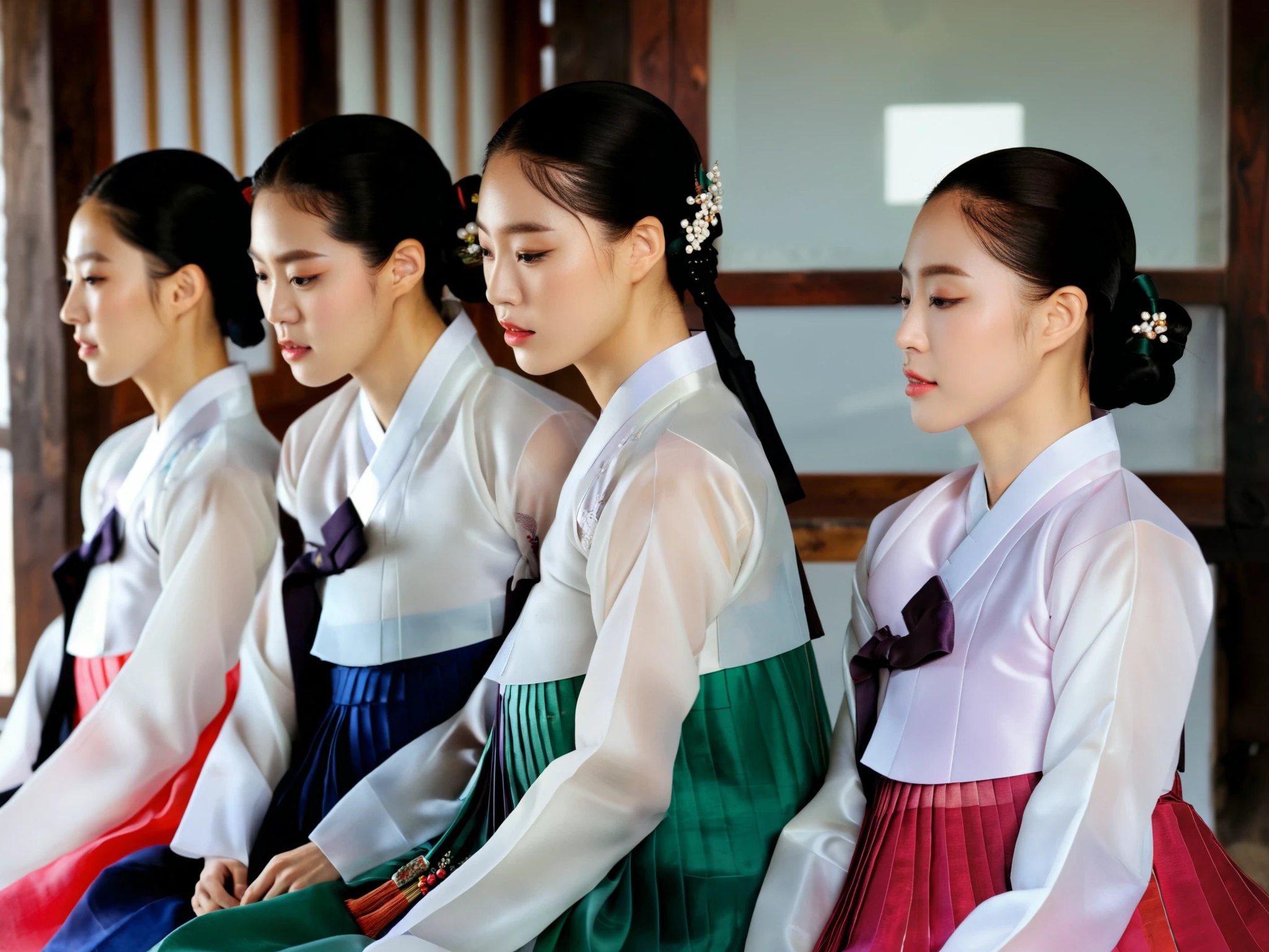  4 Korean men are wearing hanbok for women,  all hanbok with the same design ,  they are all female men ,  they all have big breasts like women , They all have masculine faces ,  They all have short, manly hairstyles, White,  luxury hanbok made of silk , Short hanbok jacket , See-through, Sitting position