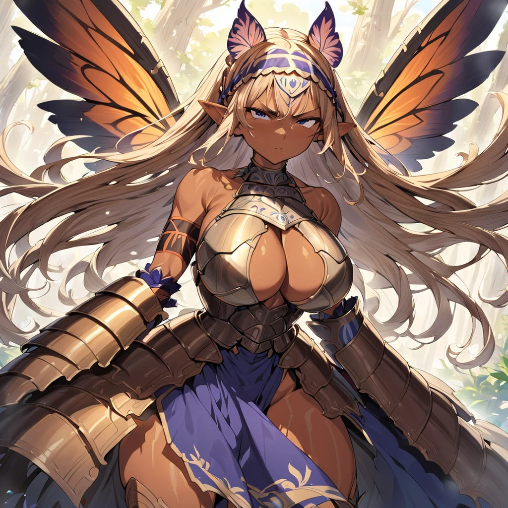8k_wallpaper, extremely detailed eyes, extremely detailed body, (large masterpiece digital art), ((perfect anatomy huge chest)), (intricate details:1.3), (ultra-detailed:1.3), (sharp focus:1.3), (natural lighting:1.05), (vivid colors:1.3), (best quality:1.4), high quality, expressive eyes, full body, tall girl, detailed face, beautiful face, perfect face, detailed ((sand hair)), (gold eyes), {{dark skin}}, ({dark skinned female}), gigantic breasts, thick thighs, a young Korean woman, (with golden eyes), (ponytail sandy lush hair), {tanned dark bronze skin}, (a huge chest), [[nipple piercing]], powerful sculpted leg muscles, powerful sculpted arm muscles, powerful sculpted abdominal muscles, sculpted thigh muscles, no underwear, naked, leather shorts through which they stand out outline of a pussy, walking through the forest, trees with blue foliage and white flowers,