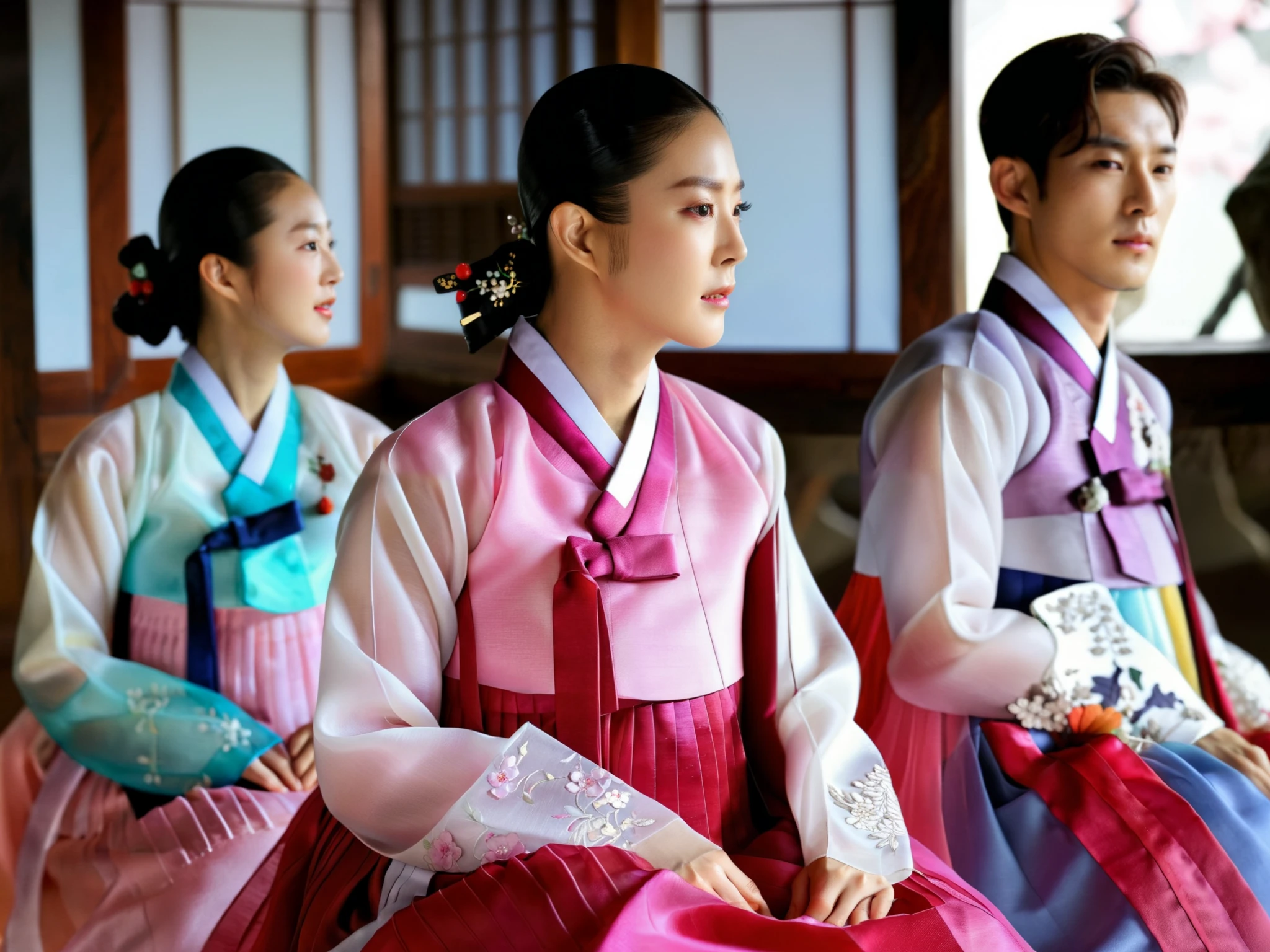 4 Korean men are wearing hanbok for women, all hanbok with the same design , they are all female men , they all have big breasts like women , They all have masculine faces , They all have short, manly hairstyles, pink and white hanbok , luxury hanbok made of silk , Short hanbok jacket , See-through, Sitting position