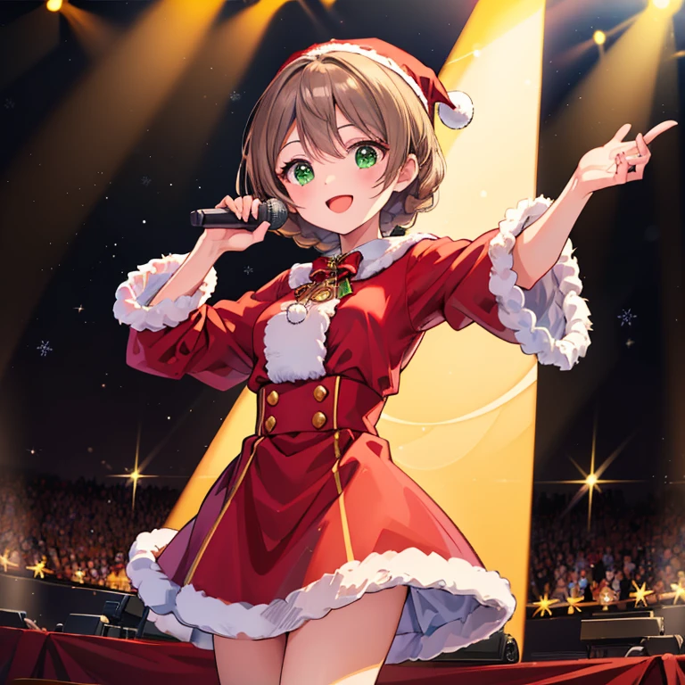 　 Masterpiece 　 top quality　Singing on stage　 reach out　smile　front　 Spotlight 　 Christmas　Santa Girl