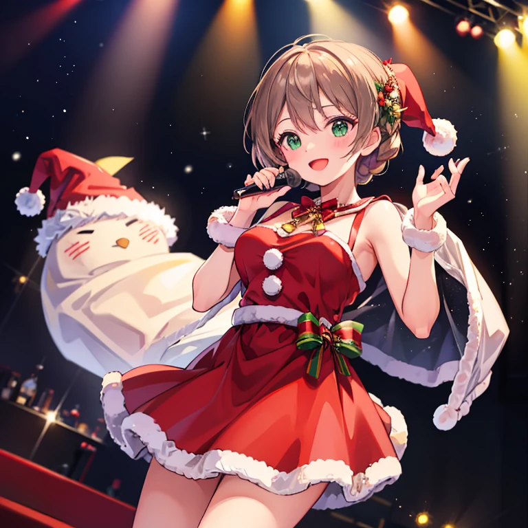 　 Masterpiece 　 top quality　Singing on stage　 reach out　smile　front　 Spotlight 　 Christmas　Santa Girl