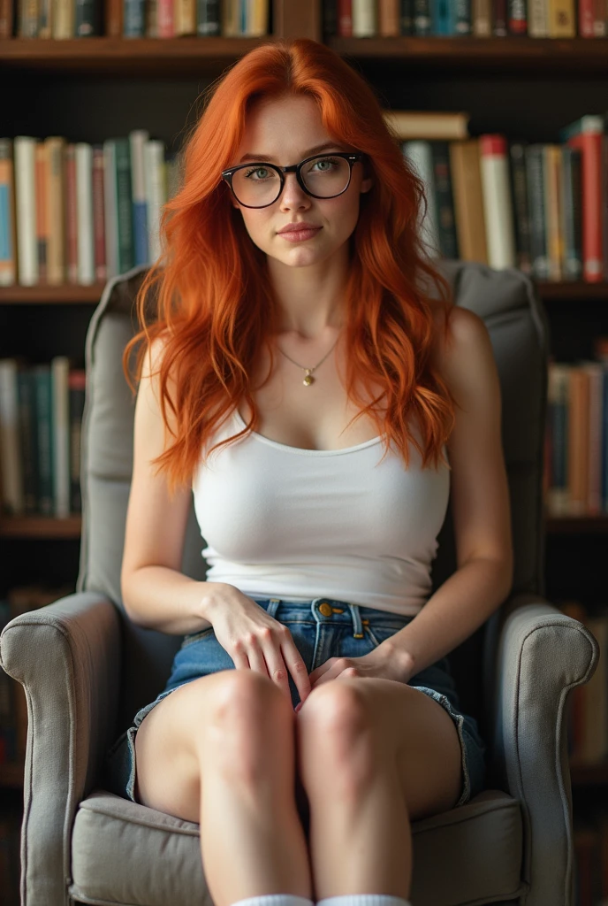 An attractive young woman with fair skin and red hair, far away. Reading book with glasses on a sofa. Her body is curvy, fleshy lips, with wide hips and a thin waist. PICTURE REALISTIC