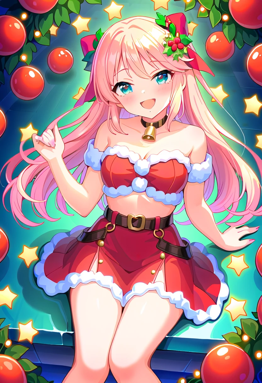  Masterpiece 　 top quality　Singing on stage　 reach out　smile　front　 Spotlight 　 Christmas　Santa Girl