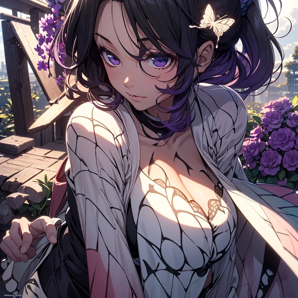 Ultra-realistic 8K CG,tmasterpiece,((Ultra detailed backgrounds,delicate patterns,Complicated details)),Best quality at best,very vey very detailed face,very detailed eyes and faces,Very detailed eyes,Kochou Shinobu,O cabelo multicolorido,No bangs,hair intakes,Purple eye,Forehead,Black shirt,Black pleated skirt,haori,butterflys,obi strip,(trpical garden:1.2),purple flower,mostly cloudy sky,rays of sunshine,Tyndall effect,Gradient_sky,the face,beautiful sky,Saber on the waist,captivating posture,(Large breasts:1.3),(cleavage:1.3),(Off-the-shoulder attire:1.5), black leather thigh high socks