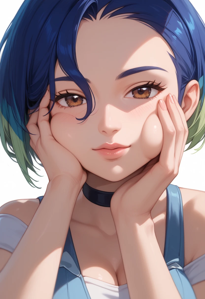 ((((MASTERPIECE)))), best quality, 1 girl, solo,Medium breasts,large ass,perrin_pokemon, blue_hair, multicolored_hair, brown_eyes, short_hair, choker, shirt, crop_top, denim,Beautiful attention to detail:1.2, (perfect hand, perfect anatomy), super detailed, beautiful face, (close-up face:1.6) ,looking at viewer,closed eyes,kiss