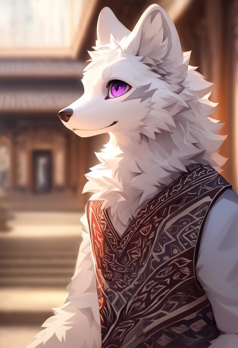 ((best quality)), ((masterpiece)), ((detailed)), wolf, blur fur, white hair, purple eyes,  two block hair, Batik clothes, museum background 