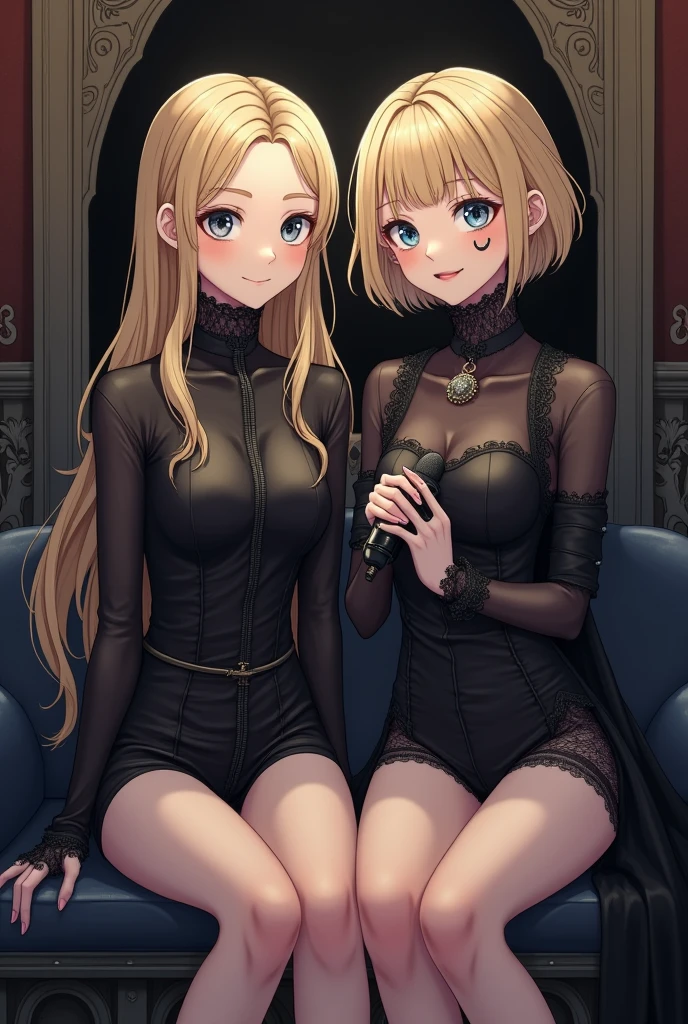 ((masterpiece)), ((best quality)), (ultra-detailed), ((extremely detailed)), 4K, (8K), black skin、Blonde、parted bangs 𝐬𝐡𝐨𝐫𝐭𝐜𝐮𝐭、Hot spring inn、Black leather jacket、Black Shirt、Black Skirt、Gold Bunny Ears