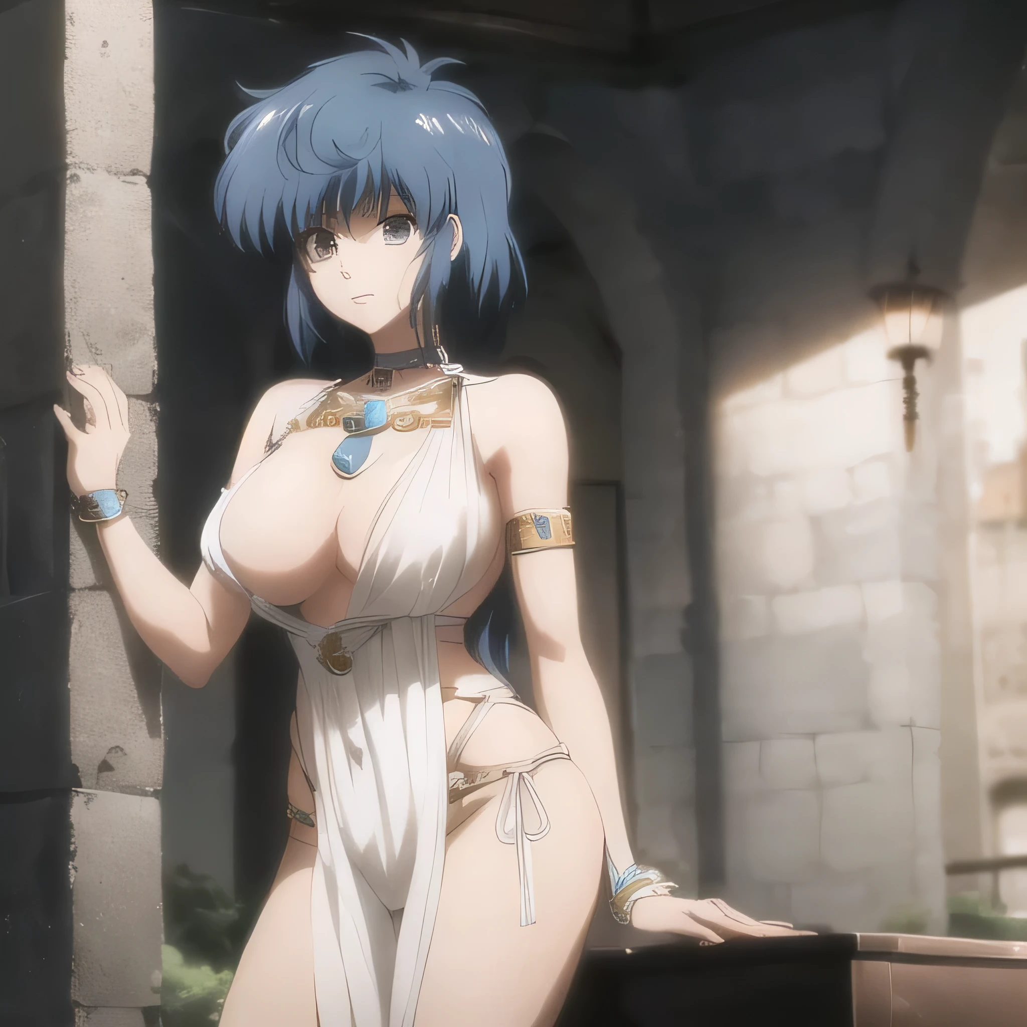 (( masterpiece )), ((melhor qualidaThe)), highres icon, Sheila_Metallica, 1 , Alone, bracelete, beautiful, therefore_Hair, blue Hair, breasts, huge breasts, Brick_pareThe, yellow_eyes, choker, jewelry, toys, navel, diaphragm, groin, cleavage, dress, transparent, The_side, far away_Hair, sideboob, nsfw, twilight