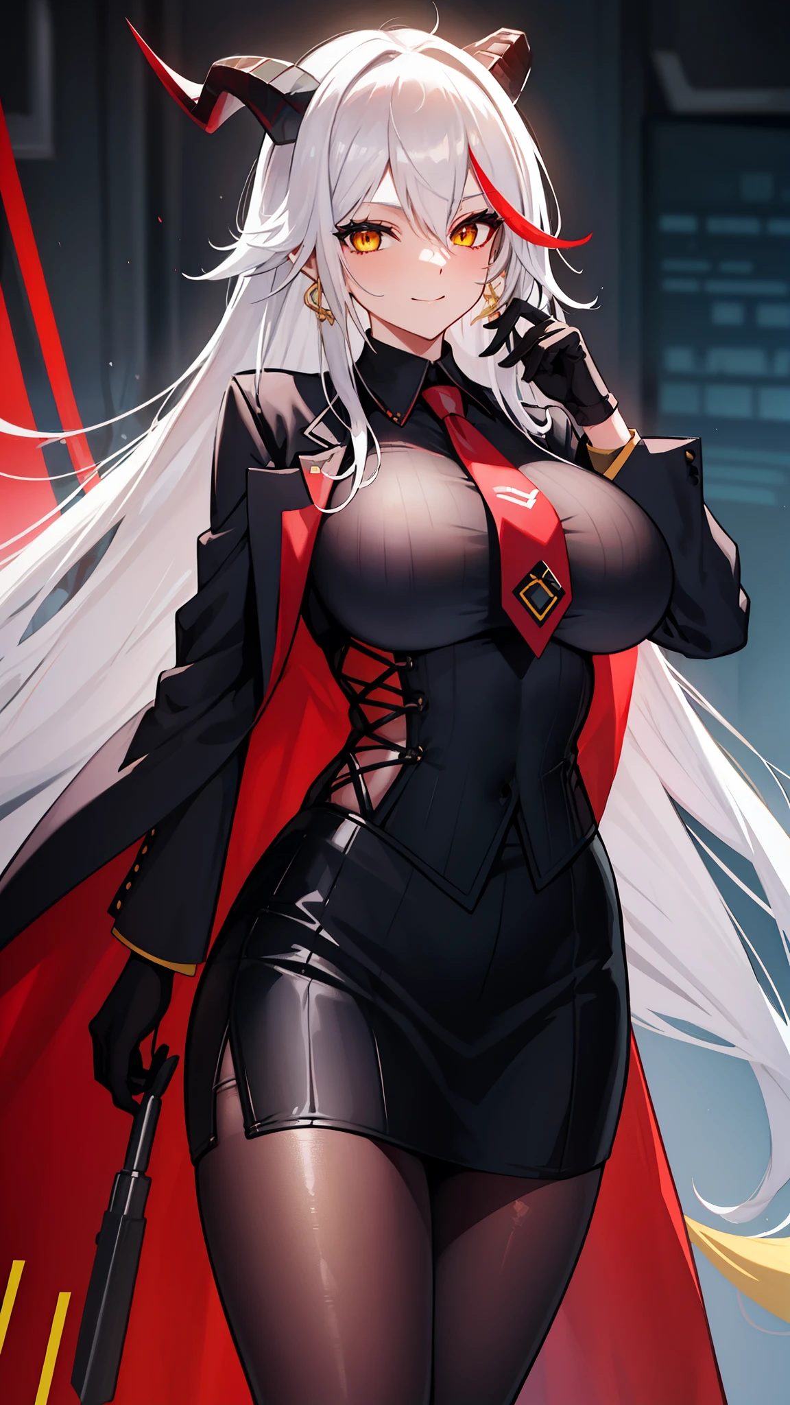 closed mouth, huge breasts, looking at the audience, white hair,,long hair,black horn,red multicolored hair,yellow eyes,,,,office lady,office room,standing,slim,business suit　,cowboy shot,,office lady,business suit,1 office worker,an office worker,necktie,smile