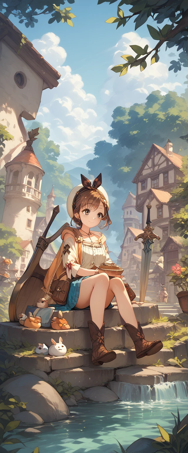  wearing hats , brown hair with a large shield, cute,Liza,sitting on a rock