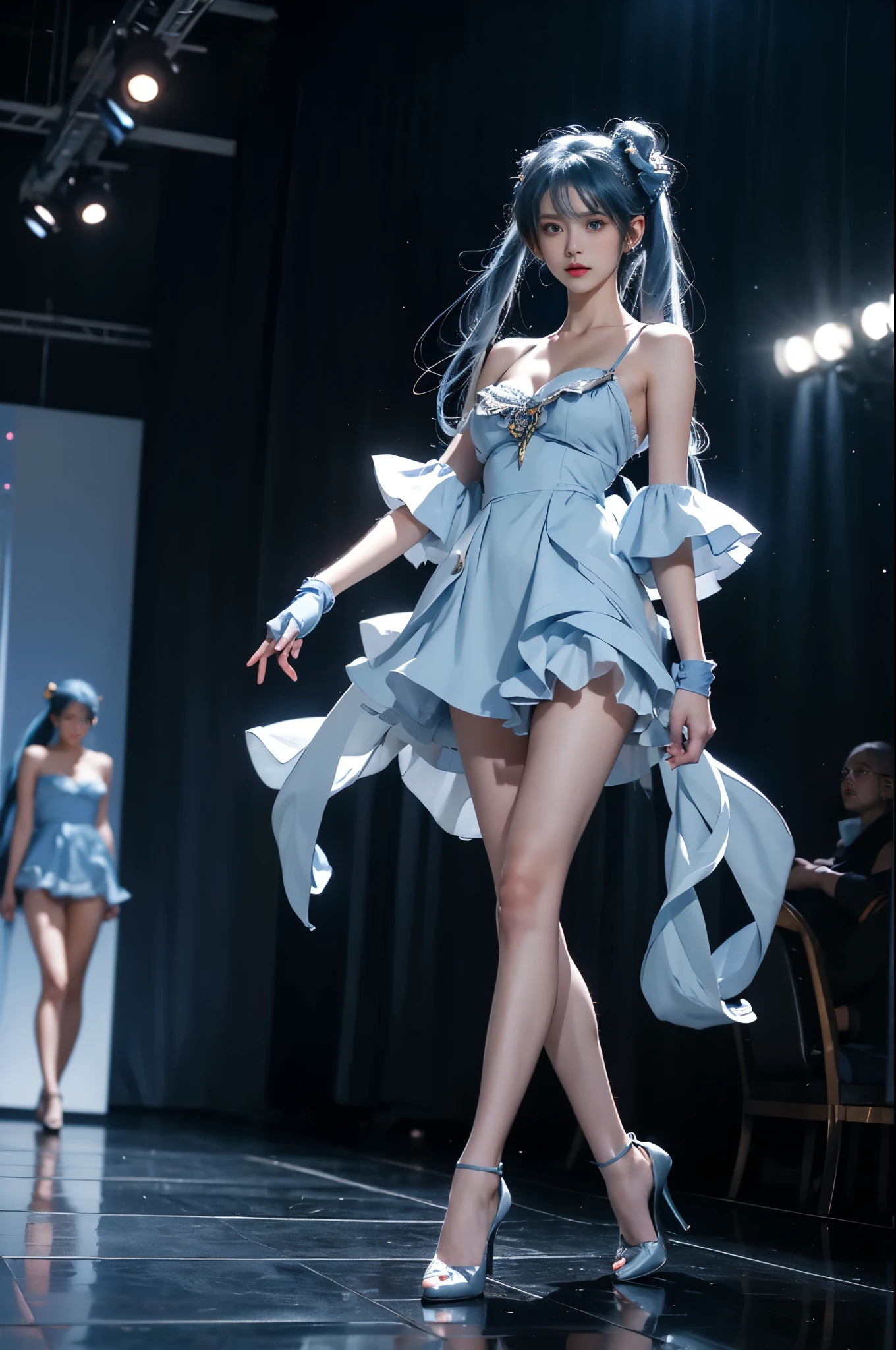 1girl,twintails,yuki miku, fingerless gloves, blue eyes, blue hair,(blue dress:1.1),ribbon, star (symbol), ,, ((3/4 shot:1.2)), (1girl solo), A stunningly beautiful model on a runway stage, (Full breasts, visible cleavage, very short hemlines, revealing smooth thighs), (Warm colors, warm soft lighting), hyperrealistic, confidently walking down a fashion show runway with long, slender, and well-proportioned legs. The model's posture is perfect, exuding elegance and allure, with a fluid and dynamic walking pose. with intricate textures and professional tailoring. The runway is illuminated by dramatic, cinematic lighting, surrounded by a surreal atmosphere of ethereal spotlights and soft, dreamy colors. High-quality details, hyperrealistic textures, HDR quality, correct anatomy, professional fashion photography style, cinematic composition, elegant and classy, photorealistic, ultra-detailed, a perfect blend of realism and artistic expression.