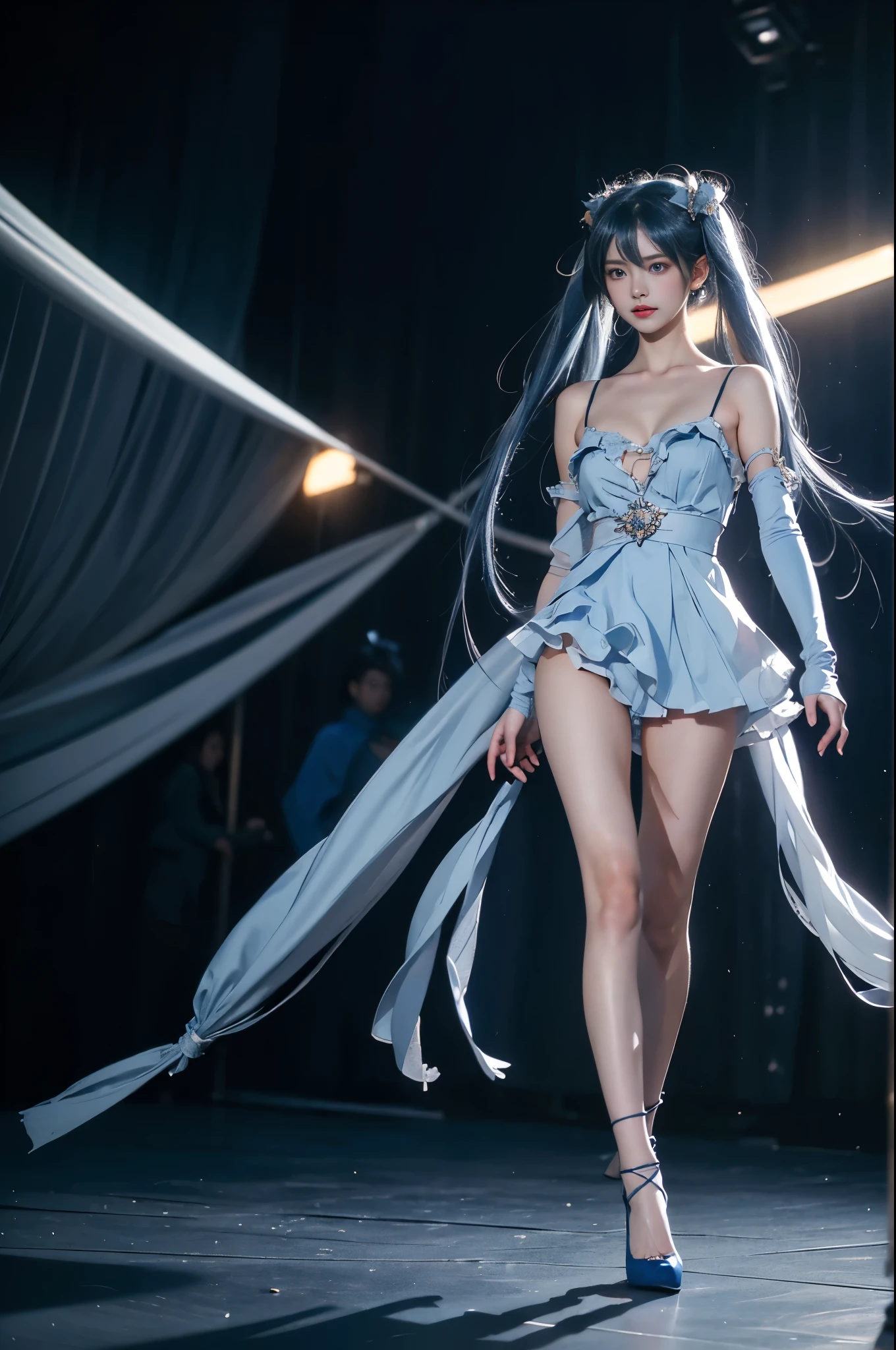 1girl,twintails,yuki miku, fingerless gloves, blue eyes, blue hair,(blue dress:1.1),ribbon, star (symbol), ,, ((3/4 shot:1.2)), (1girl solo), A stunningly beautiful model on a runway stage, (Full breasts, visible cleavage, very short hemlines, revealing smooth thighs), (Warm colors, warm soft lighting), hyperrealistic, confidently walking down a fashion show runway with long, slender, and well-proportioned legs. The model's posture is perfect, exuding elegance and allure, with a fluid and dynamic walking pose. with intricate textures and professional tailoring. The runway is illuminated by dramatic, cinematic lighting, surrounded by a surreal atmosphere of ethereal spotlights and soft, dreamy colors. High-quality details, hyperrealistic textures, HDR quality, correct anatomy, professional fashion photography style, cinematic composition, elegant and classy, photorealistic, ultra-detailed, a perfect blend of realism and artistic expression.