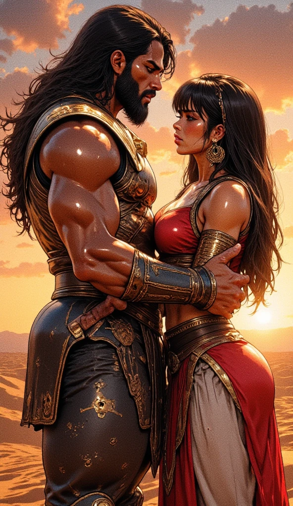 "A muscular ancient Arabian knight with flowing black hair and a well-groomed beard, dressed in intricate, gold-embellished ancient Arabian armor, embraces a stunning Japanese female warrior in erotic Japanese attire, her black silky hair with bangs framing her face. They stand on a sand dune under a fiery desert sunset, with the wind softly blowing their garments. The scene is romantic, passionate, and detailed in cinematic realism."

