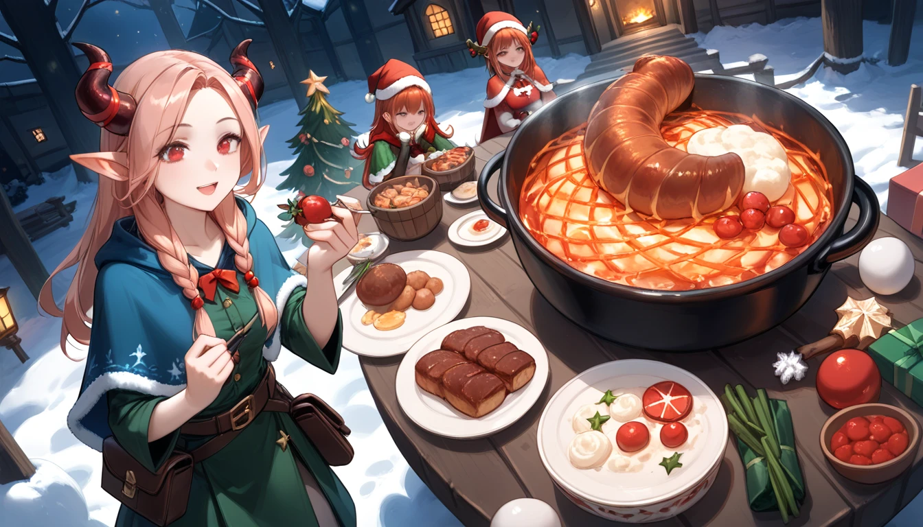 (masterpiece,  best quality :1.2), Christmas Eve， Christmas，Fantasy Art.  Panoramic Wide Angle ,  Food Series  ,  Dungeon Food , Dungeon Foods drooled over time , (1 Girl,  unique , Redhead,  long hair, Horns on the head,  red eyes, Red cape, skirt, belt, pouch,  She looked at the food on the big table .),  Big Scorpion and Walking Mushroom Hot Pot ,  Boiled Ghost Meat ,  Grilled Water Ghost Meat , Grilled Red Dragon ,苹果派和树妖奶酪， Fried Flower Buds ，Christmas elements