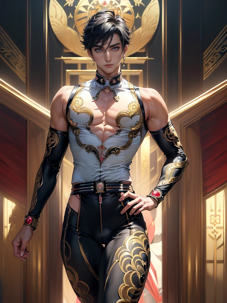 (masterpiece,best quality,ultra_detailed,highres,absurdres), (detailed shadow), (quality light), 1 (mature_male:2.0) (korean_male_courtesan_super_sentai:1.6) (with bulge:1.6), 15-ish, (muscleale focus), (solo:1.7), short black Quiff hair with Soft Fringe (bangs part on side 3:7 ratio), blue_eyes (detailed eyes), androgynous young beautiful pretty cute elegant (korean_courtesan_super_sentai) (in modern_luxury_jeweled_ornamented_patterned_colored_male_bodysuit:1.6) is (walking on modern_luxury_korean_school:1.8), (eyelashes), (thigh_gap), pectorals, (wide_flat_chest, wide_shoulders:1.9), (big_wide_hips, big_wide_pelvis:1.8), (warm_smile:1.2), (thin_waist, dented_waist, waist_narrower_and_thinner_than_neck:1.8), (en_face, side_view:1.1), (swayback, curvy_waist, arched_back), short hair, looking at viewer, parted lips, ((PERFECT_FACE)), ((finely_detailed_beautiful_eyes_and_detailed_face)), (best_illumination, best_shadow, an_extremely_delicate_and_beautiful)