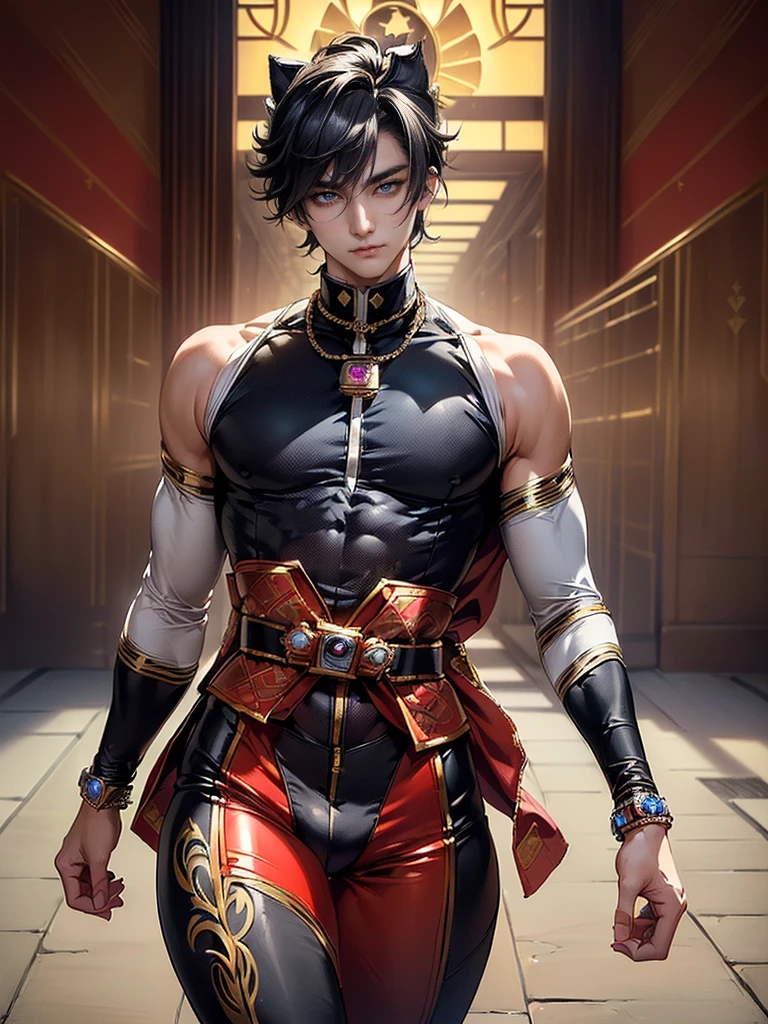 (masterpiece,best quality,ultra_detailed,highres,absurdres), (detailed shadow), (quality light), 1 (mature_male:2.0) (korean_male_courtesan_super_sentai:1.6) (with bulge:1.6), 15-ish, (muscleale focus), (solo:1.7), short black Quiff hair with Soft Fringe (bangs part on side 3:7 ratio), blue_eyes (detailed eyes), androgynous young beautiful pretty cute elegant (korean_courtesan_super_sentai) (in modern_luxury_jeweled_ornamented_patterned_colored_male_bodysuit:1.6) is (walking on modern_luxury_korean_school:1.8), (eyelashes), (thigh_gap), pectorals, (wide_flat_chest, wide_shoulders:1.9), (big_wide_hips, big_wide_pelvis:1.8), (warm_smile:1.2), (thin_waist, dented_waist, waist_narrower_and_thinner_than_neck:1.8), (en_face, side_view:1.1), (swayback, curvy_waist, arched_back), short hair, looking at viewer, parted lips, ((PERFECT_FACE)), ((finely_detailed_beautiful_eyes_and_detailed_face)), (best_illumination, best_shadow, an_extremely_delicate_and_beautiful)