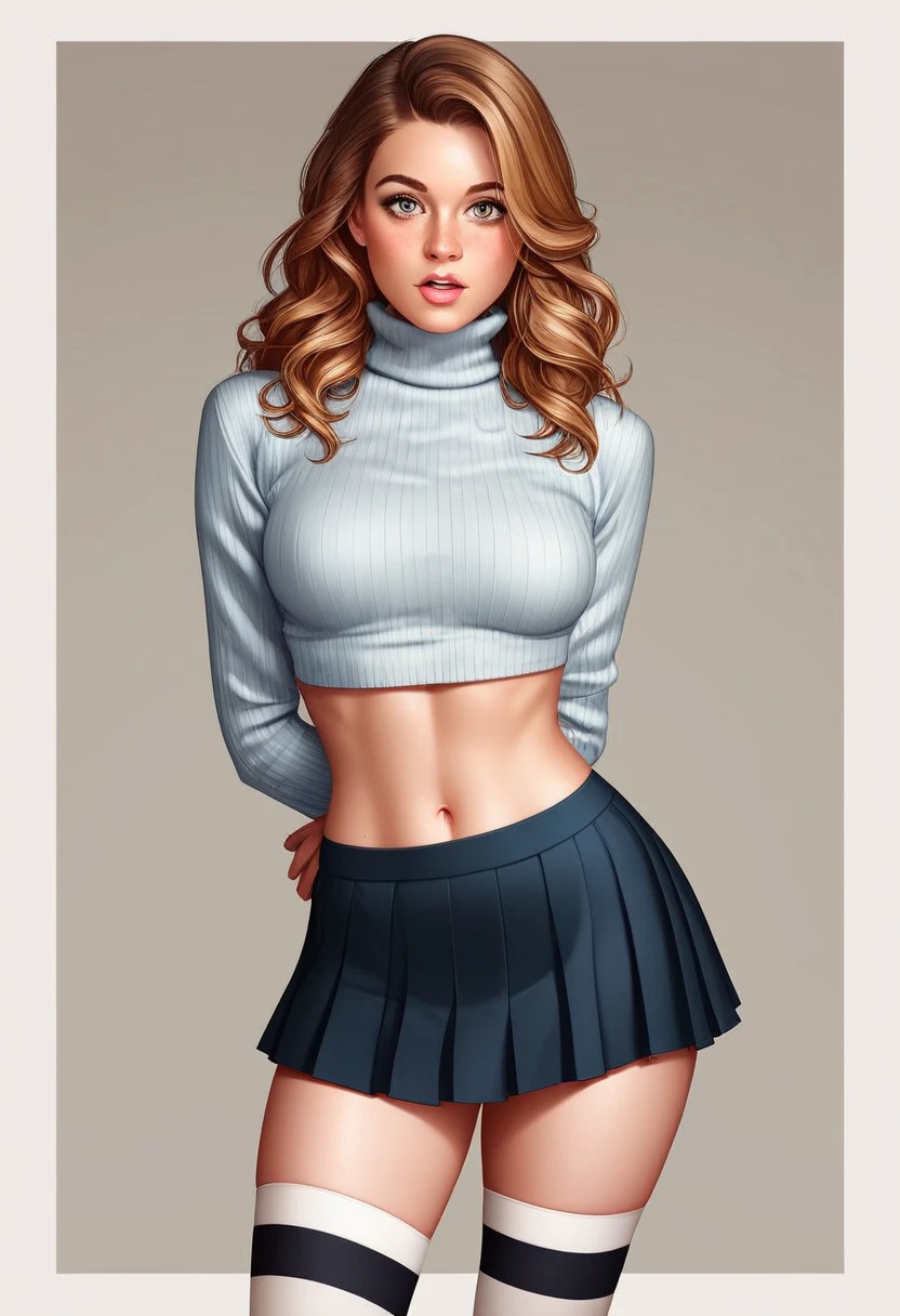 woman wearing sleefest with Tan stripes decoration with mini skirt bottom. matching stockings with White decoration, turtleneck, , middle shot,
 solo, long hair, looking at viewer, multicolored hair,  surprised,
([Emma( :0)Roberts|Sienna( :0)Miller|Audra Miller]:0.85), hands behind back,
Old western saloon and cowboys at background,
BREAK
score_9, score_8_up, score_7_up, score_6_up  
xvision style,