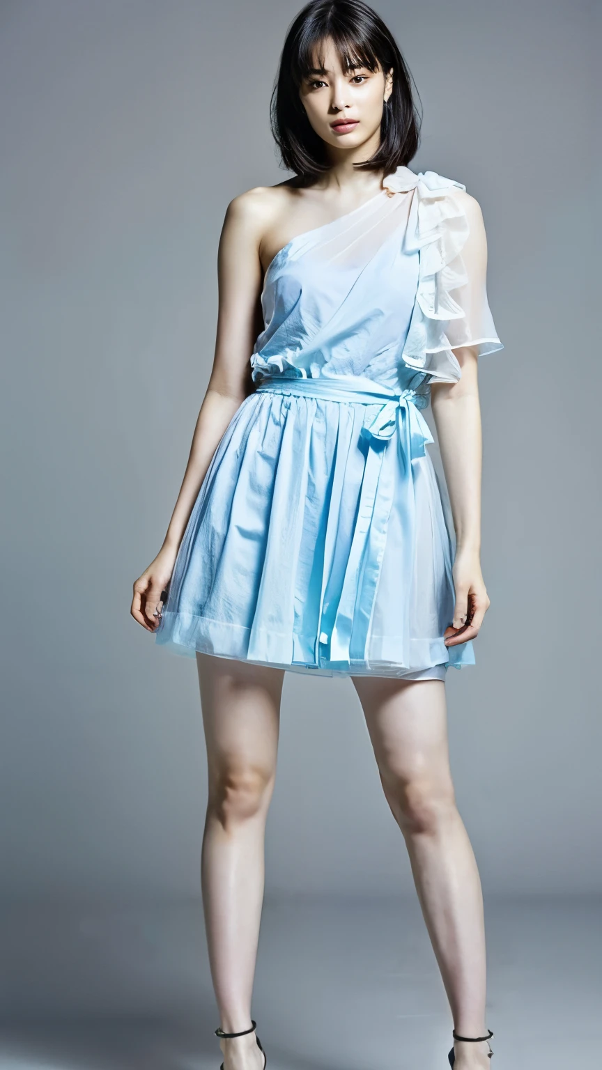 (8k、RAW Photos、highest quality、masterpiece:1.2)、(Realistic、Realistic)、1 girl、((Frill Costume、light blue、Off the shoulder,ribbon、boots、See-through、Shorts、Large Breasts、View from the front、stage、ponytail、Stand with hands on hips))、Lots of eyelashes、Glowing eyelids、skeletally correct