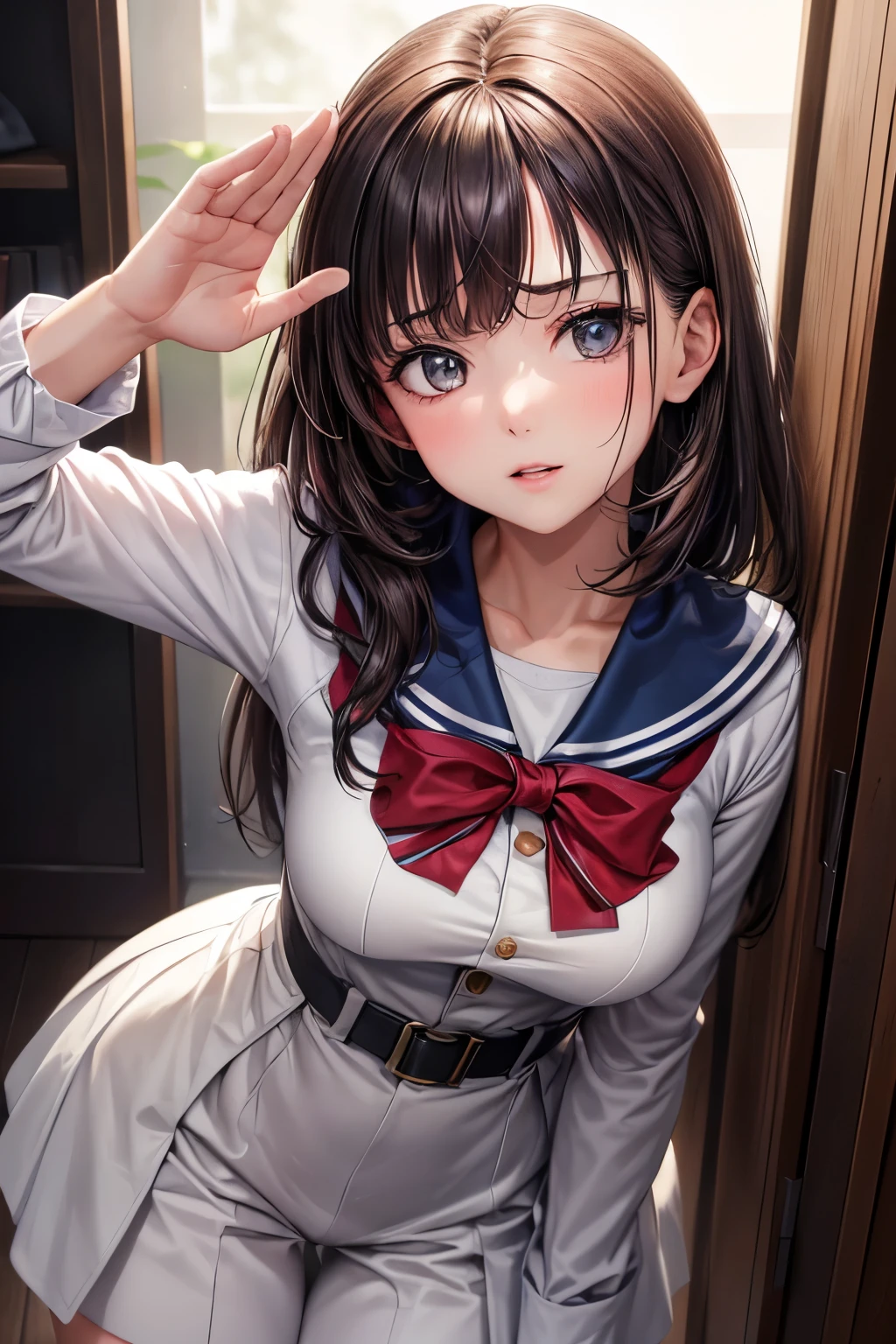 (8k, raw photo, masterpiece, extremely detailed, best quality, professional lighting, high res), BREAK beautiful and adorable girl, salute, BREAK (close up model), (she is looking up the viewer, view from above, front view:1.3), BREAK (she is saluting the viewer, she salutes, she is saluting the viewer with respect, salute with one hand, she is placing one hand on the forehead and keeping the other hand straight by her side, she is placing only one hand on the forehead, she is saluting while standing straight:1.5)