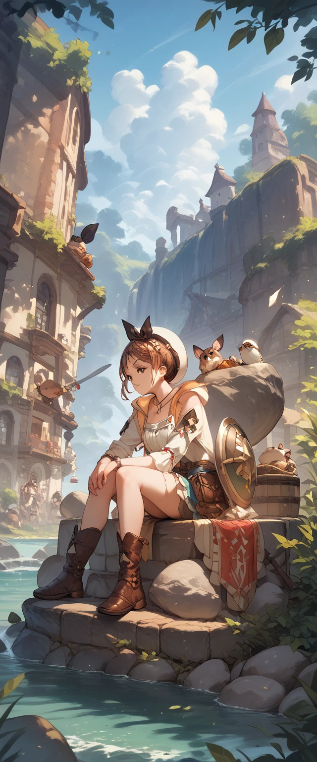  wearing hats , brown hair with a large shield,Liza,sitting on a rock